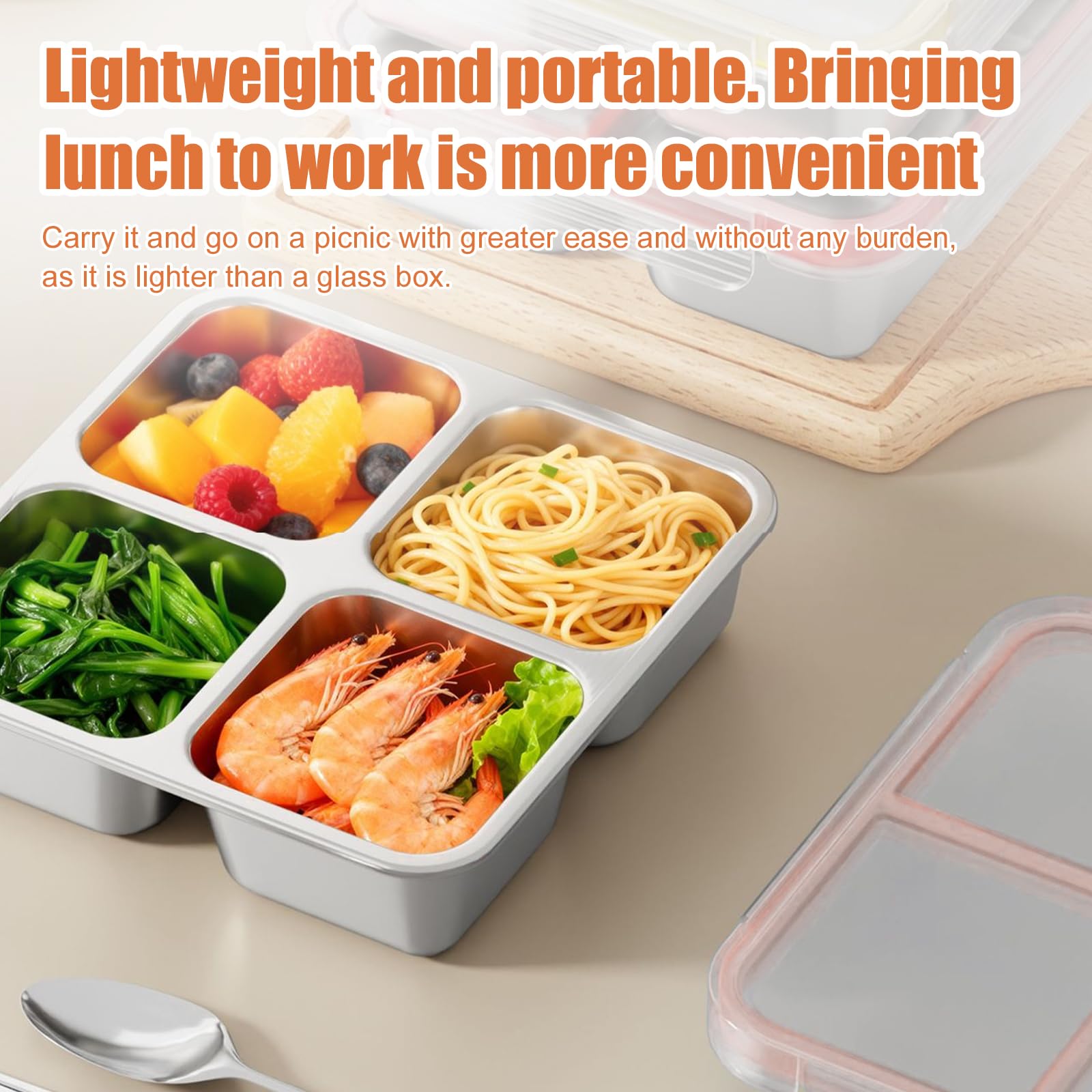 PORFOYO Set di 2 contenitori per alimenti per adulti con scomparti, in acciaio inox, 720 ml, suddivisi in quattro volte, contenitore per il pranzo in metallo, per adulti e bambini