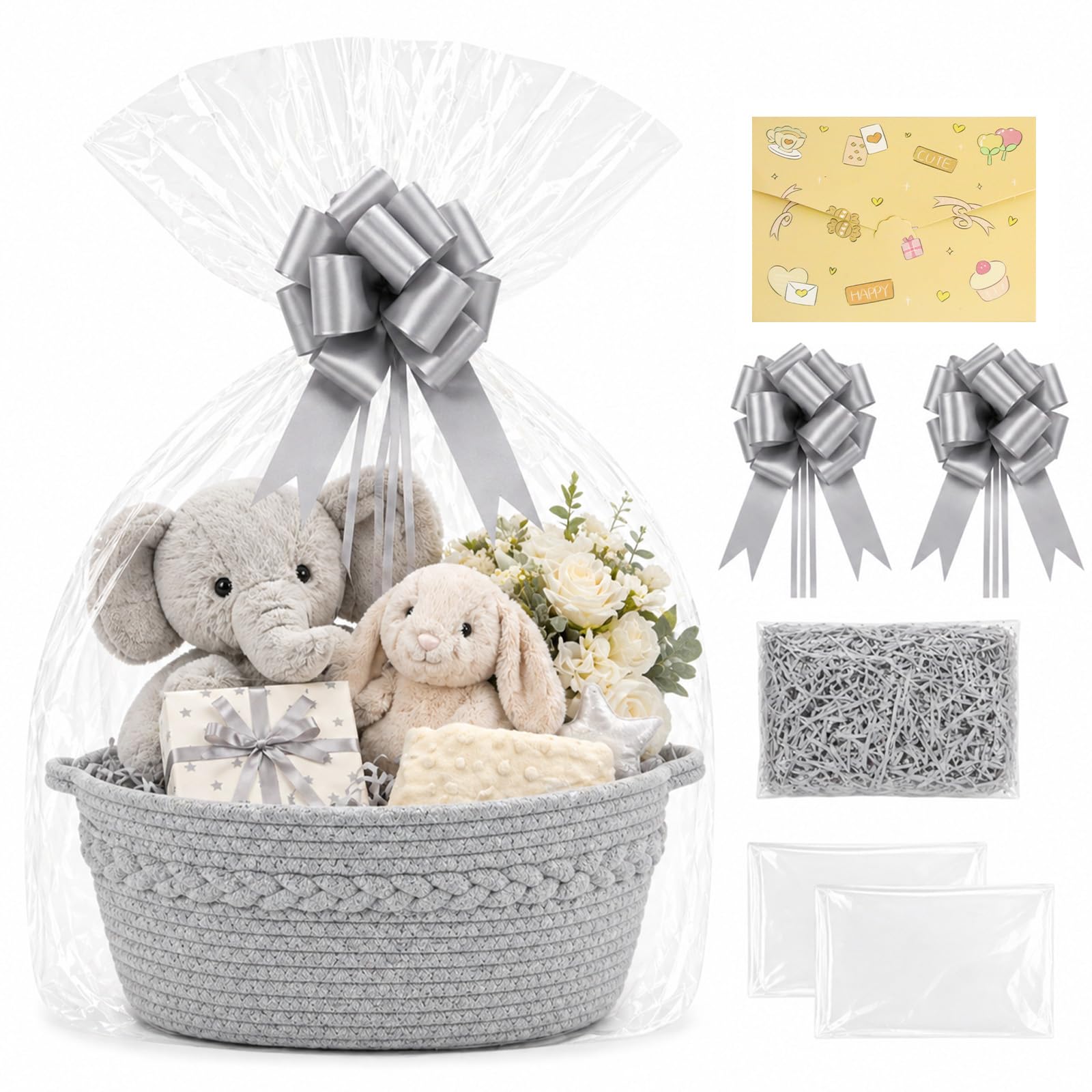 Gift Basket Hamper Kit, Small Woven Basket Empty Gift Baskets with Cellophane Wrap, Raffia & Bows Greeting Cards Complete DIY Hampers Set for Baby Shower Wedding Birthday Housewarming (Grey)