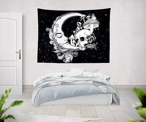 Miniatura 2 de Tapiz con diseño de calavera y luna en blanco y negro, diseño de hongos y mariposas místicas, estrellas estéticas, para colgar en la pared para sala