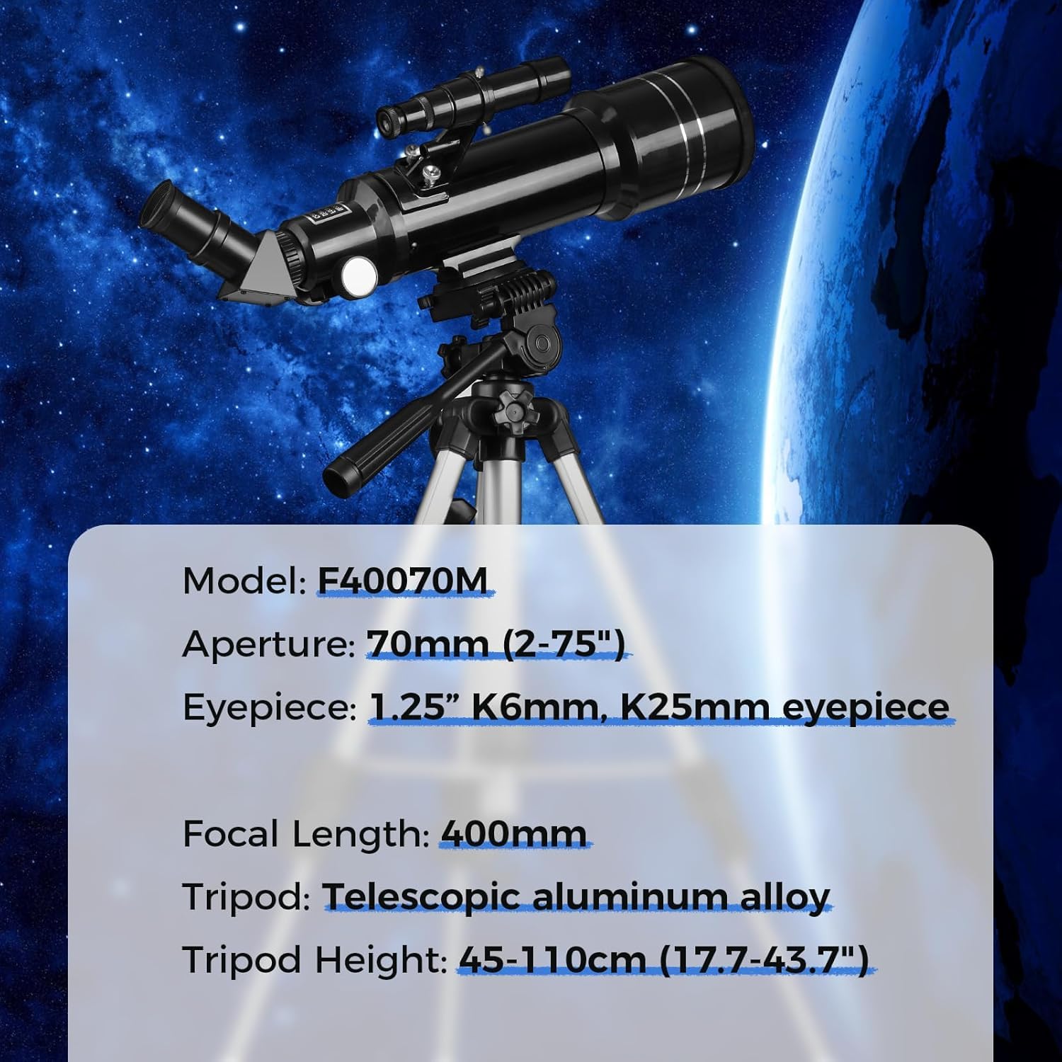 Cowiewie Telescopio refractor telescopio para niños y principiantes, telescopios para adultos, astronomía, apertura de 70 mm, 400 mm, compacto y portátil, viaje con mochila, ver la luna, planetas