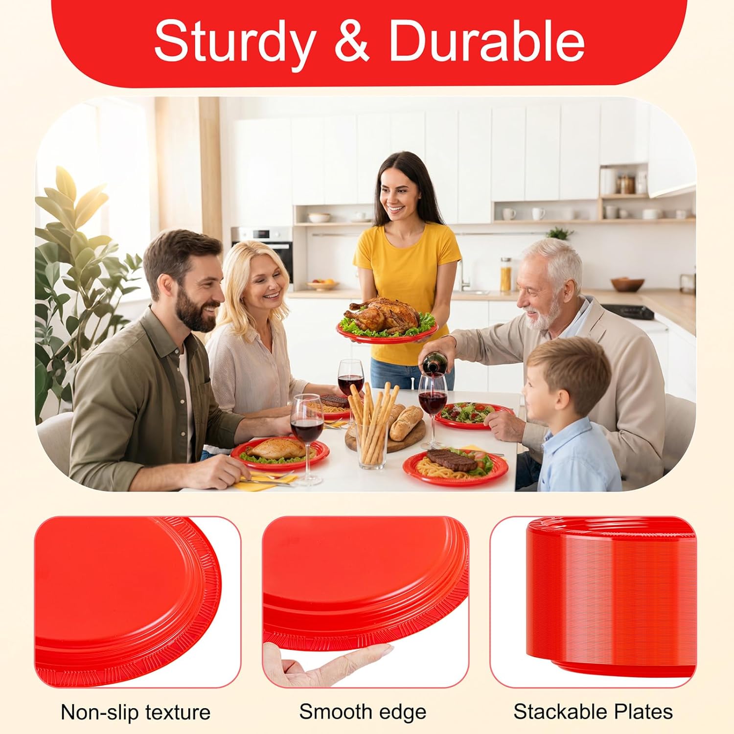 WELLIFE 50pcs Red 12 Inch Oval Plastic Plates, Disposable Heavy Duty Oval Serving Platters, Large Plastic Oval Dinner Plates for 4th of July, Holiday Party, Family Gathering, BBQ & Catering