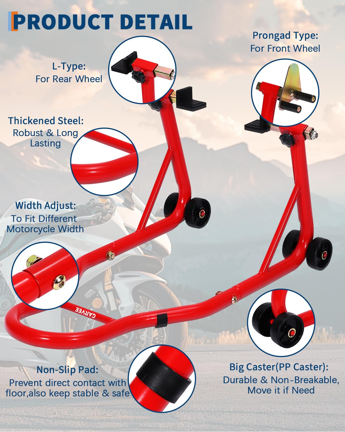 Garvee Supporti per moto anteriori e posteriori, set di sollevamento ruote anteriori e posteriori da 408,2 kg con adattatori a pin + bobina per braccio oscillante regolabile a L, supporti universali