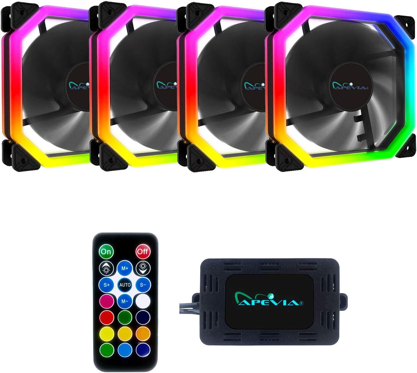 Apevia PN6P2-RGB Phoenix 120mm Silent Dual-Ring RGB Color Changing LED Fan with Remote Control, 16x LEDs & 8X Anti-Vibration Rubber Pads w/ 2 Magnetic LED Strips (6+2-pk)