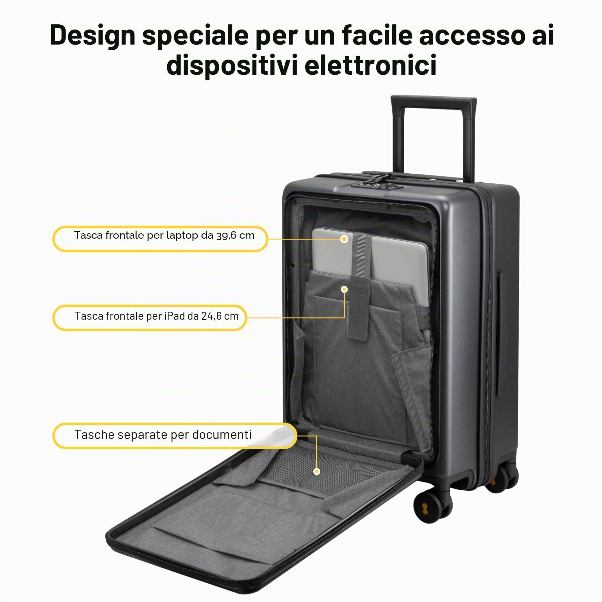 LEVEL8 Trolley Bagaglio a Mano con Tasca Frontale per Laptop, Valigia Trolley Rigido Ultra Leggero in PC Valigie con Chiusura TSA e 4 Ruote Doppie Girevoli, 55CM, 40L, Grigio