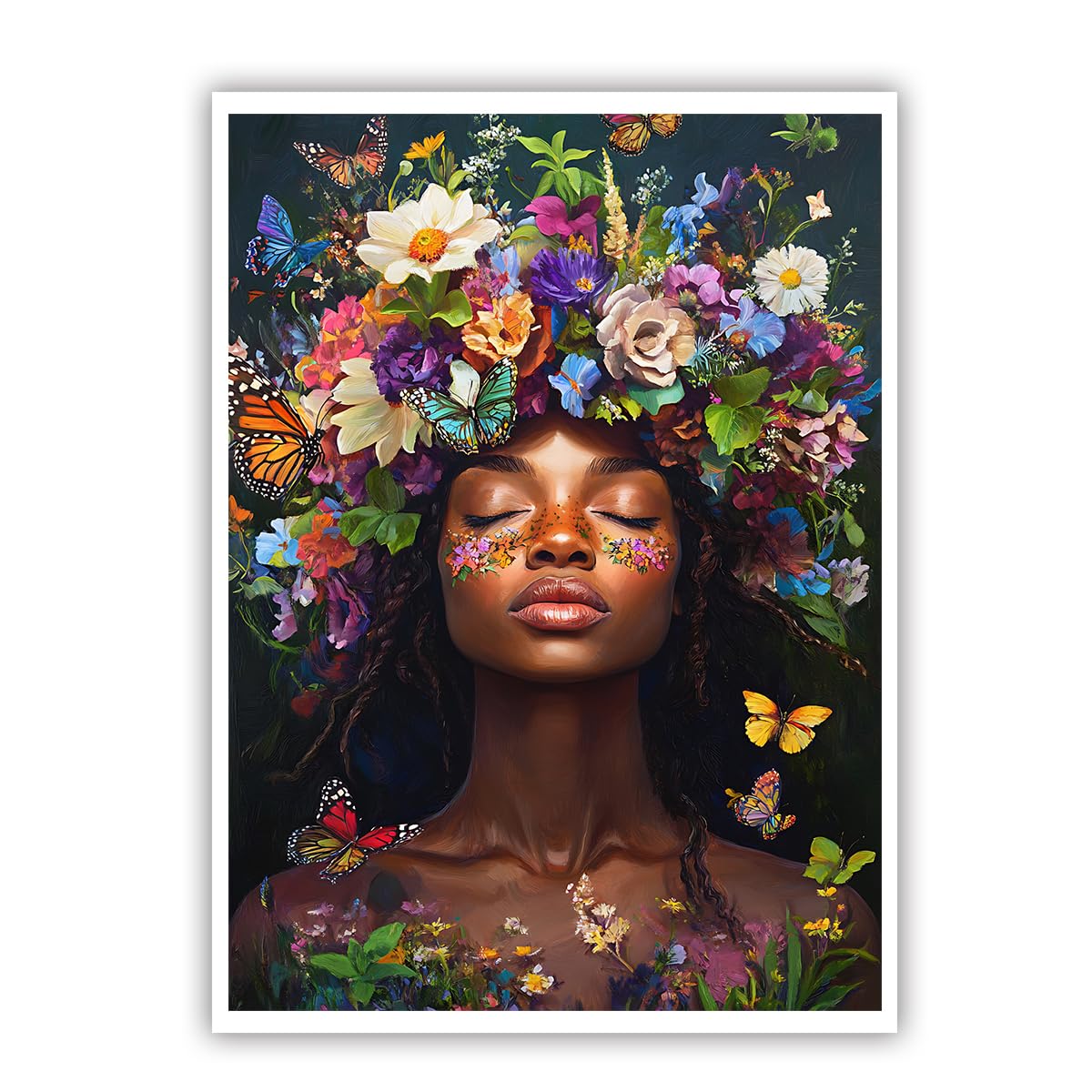 SHENGPOSTER Boho Chic Wall Art Woman Adorned with a Vibrant Crown of Wildflowers and Fluttering Butterflies Canvas Picture for Wall Decoration Frameless 40x60cm