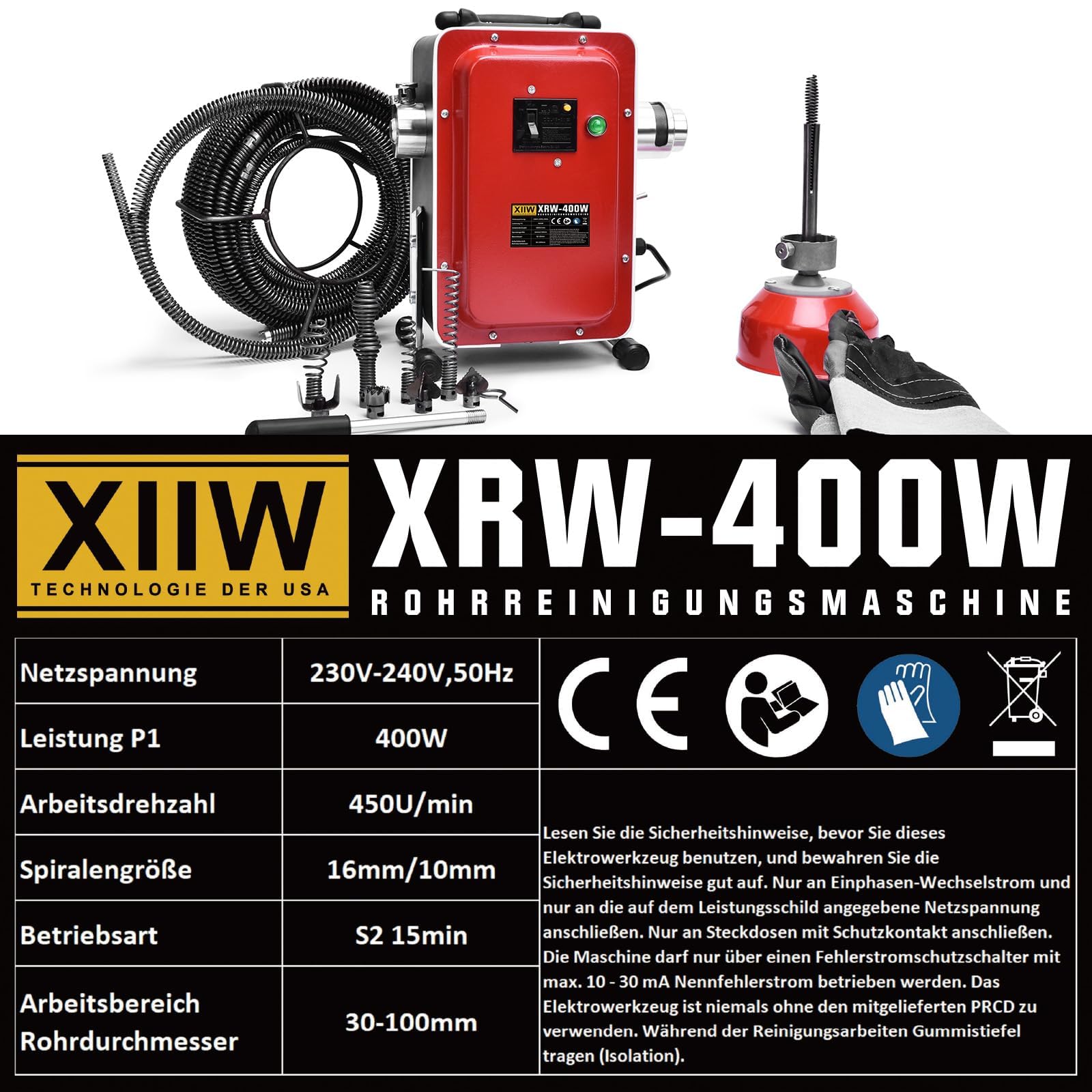 Ø16mm/L37m Spiralen Sgorgatore Macchina Elettrico con salvavita, 400W | Sgorgatore Elettrico 450 giri/min, per tubi Ø30-100mm, attrezzatura per disostruzione, pulitore per scarichi