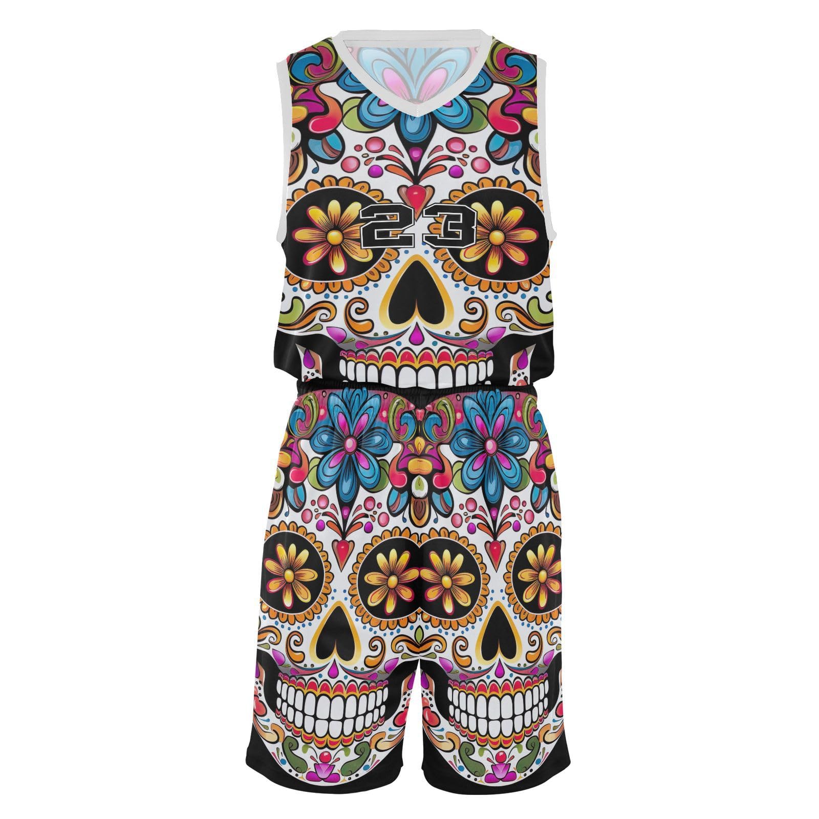 FLildon Mexican Sugar Skull Boys Basketball Jersey Set Tank Top Shorts Tracksuit Sport Training Suit for Kids, XL