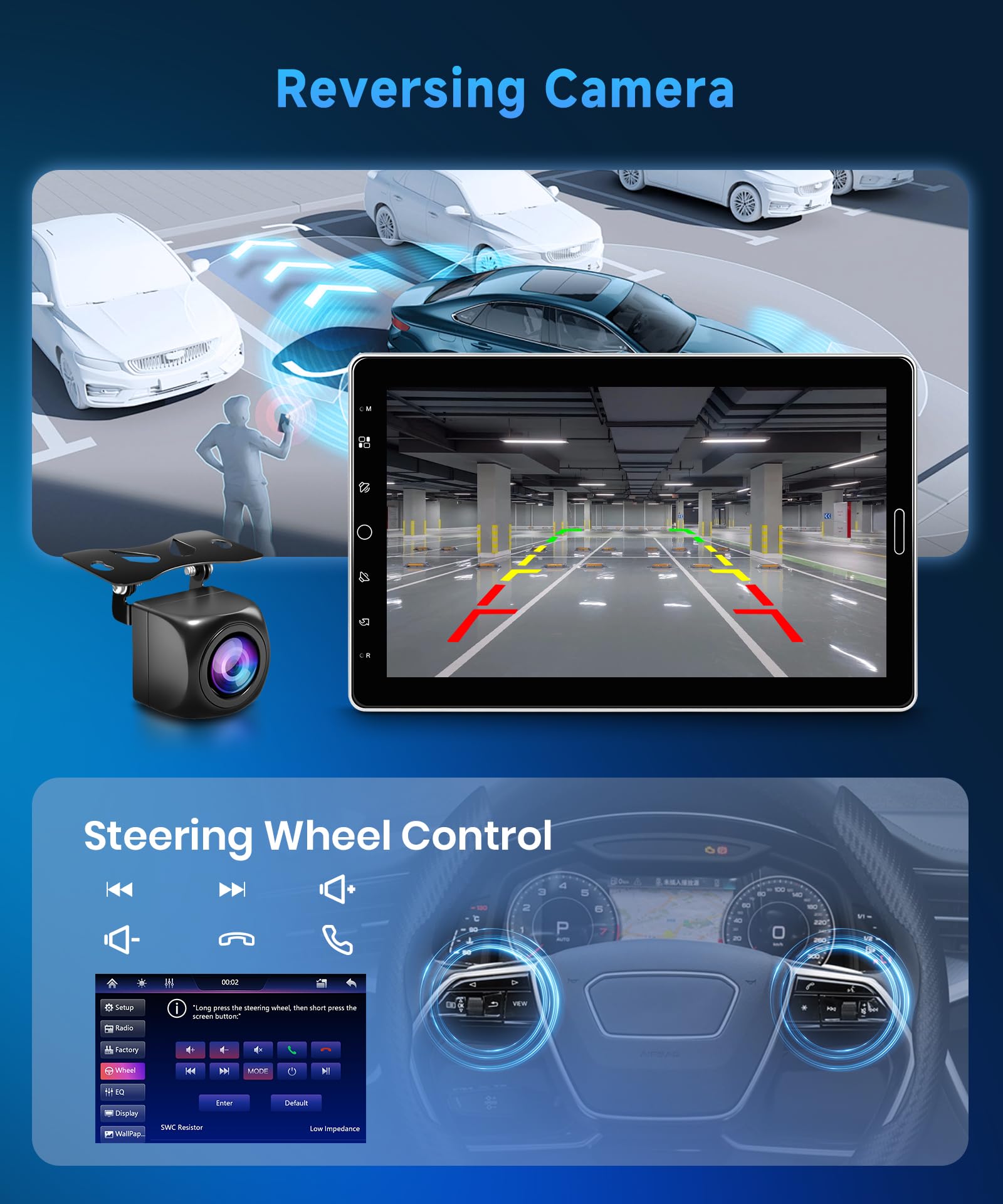 Rimoody Bezprzewodowe radio samochodowe 1 Din 10,1 cala z obrotowym ekranem dotykowym Radio samochodowe z Androidem Auto Mirror Link Bluetooth FM/AM/RDS/EQ USB/AUX, sterowanie na kierownicy, kamera