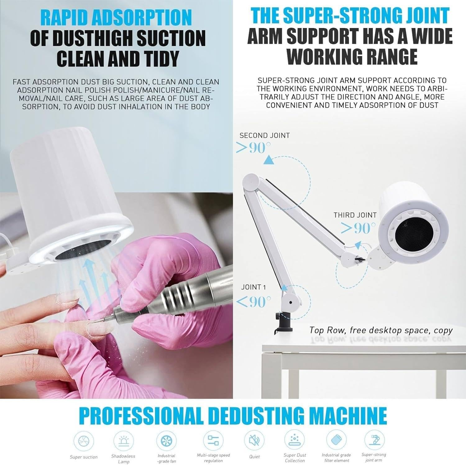 Collecteur De Poussière D'ongles Sous Vide Pour Pédicure Et Manucure Avec Led À Intensité Variable Intégrée, Avec Filtre Réutilisable, 10 Vitesses De Vent Réglables Et Support De Table Universel