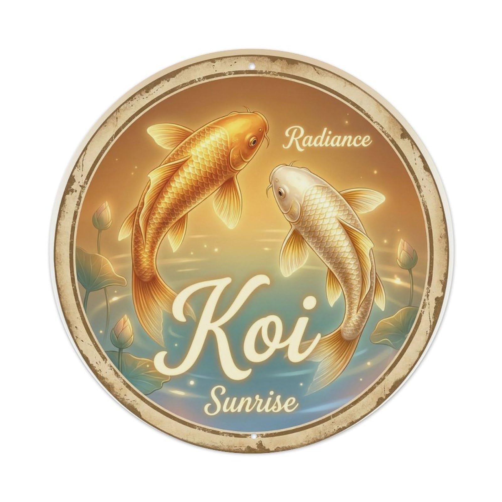 Koi Pond Water Sunrise Energy Prosperity Metal Tin Sign Plaque Wall Decor for Cafe, Man Cave, Club Bar, Office, Home Garden Round Metal Poster 8x8Inch