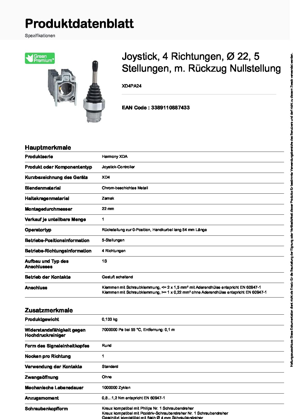 Schneider Electric XD4PA24 Joystick, Harmony XB4, metal, 22 mm, czarny, 4 kierunki, 1-stopniowy, dotykowy, z cofaniem, 1S na kierunek