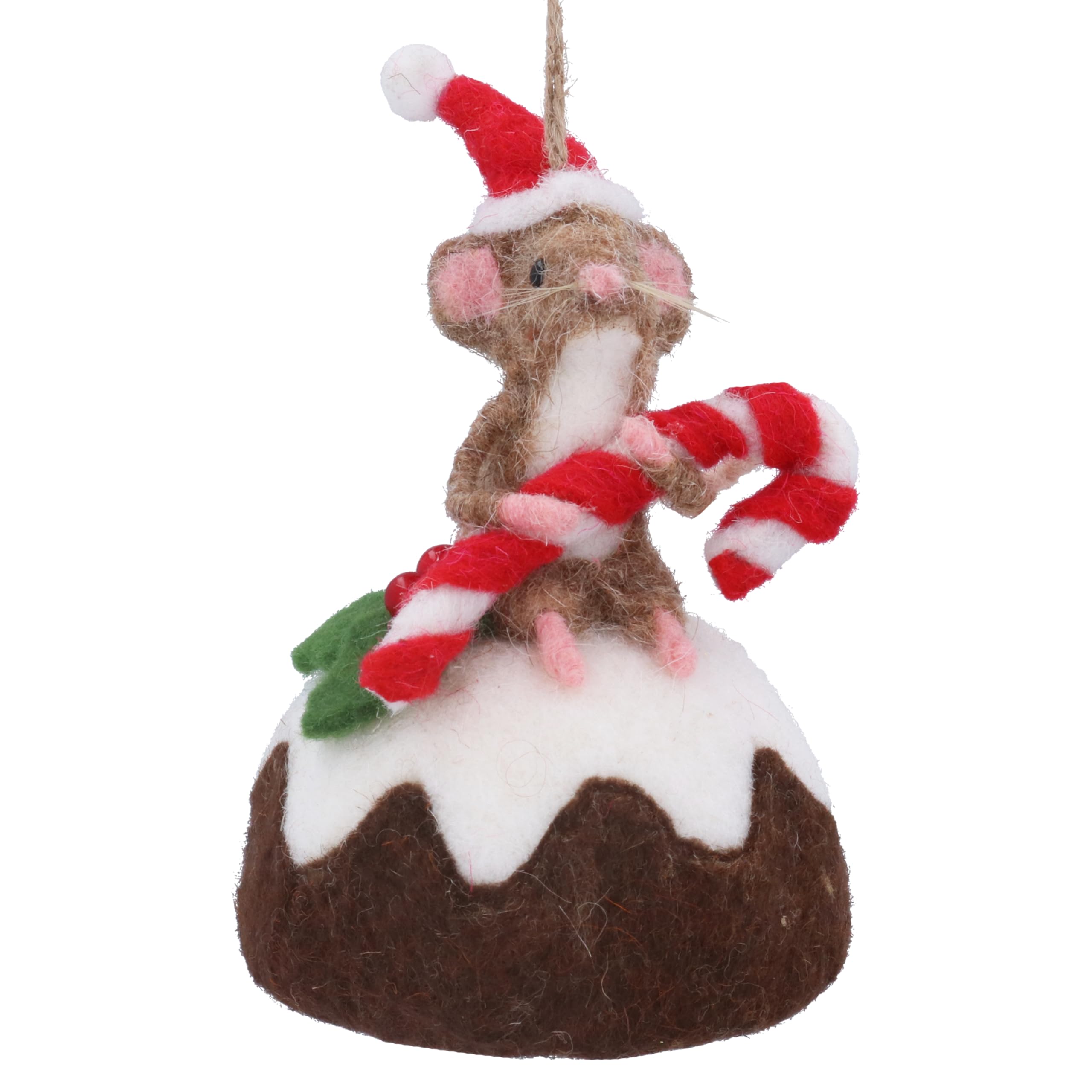 Gisela Graham Mouse on Christmas Pudding Hanging Christmas Decoration, Wool