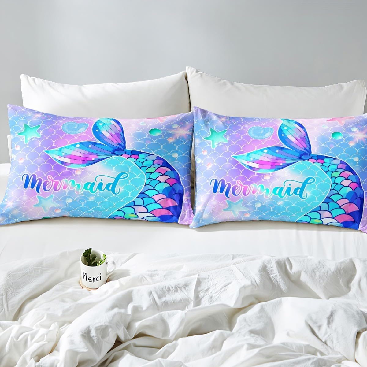 Little Mermaid Queen Rainbow Scales Comforter Set - Mermaid Printed Pattern Bedding Comforter Set for Toddler Kids' Bedroom, Ocean Life Duvet Insert for All Season