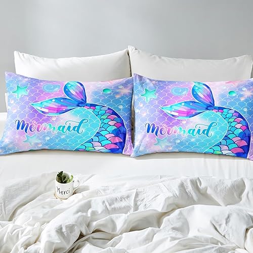 Miniatura 5 de Erosebridal Juego de funda de edredón con diseño de sirena, tamaño Queen, diseño de escamas de arcoíris, funda de edredón con estampado de sirena