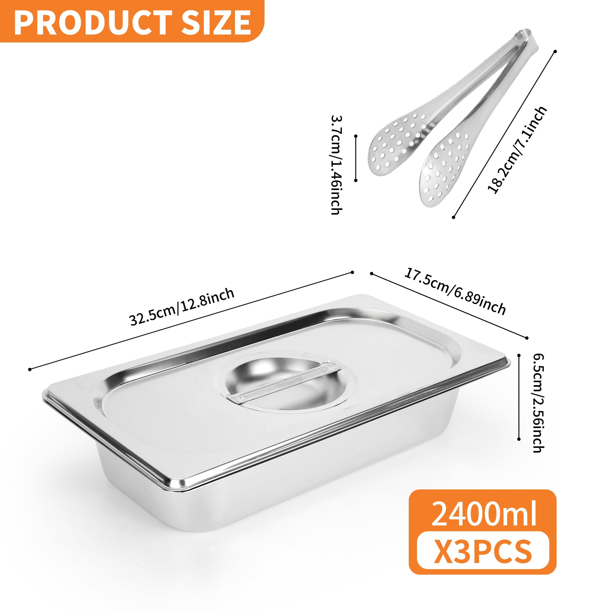 3 padelle Gastronorm rettangolari da 1/3, contenitori per alimenti in acciaio inox con coperchi e pinze da cucina, padelle profonde per Gon Bagnomaria 32,5 x 17,5 x 6,5 cm