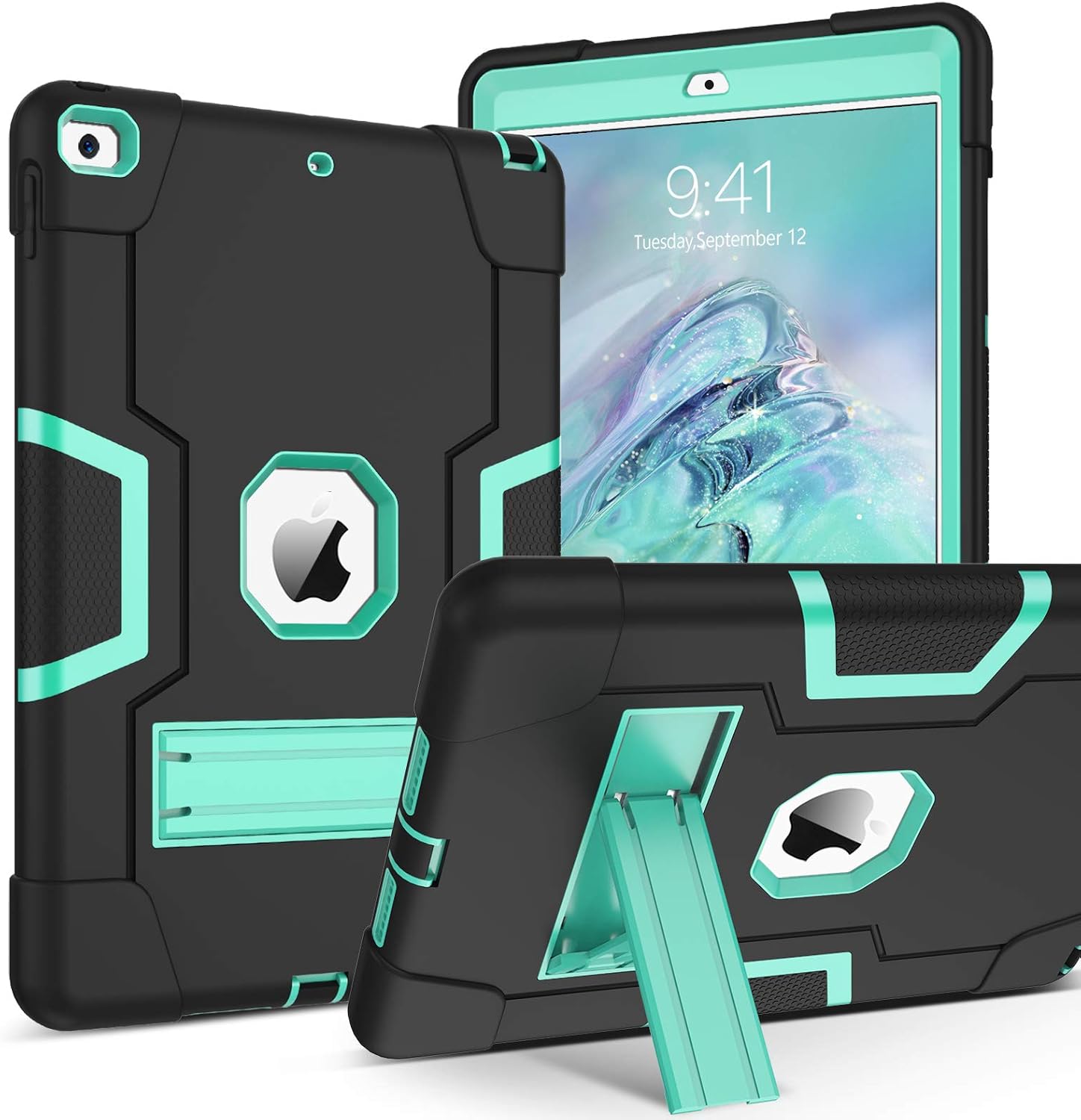 GUAGUA Case for iPad 8th/7th Generation, iPad 10.2 Case 2020/2019 Kickstand Heavy Duty Cover for Kids 3 in 1 Rugged Shockproof Protective Anti-Scratch Tablet Case for iPad 10.2" 2020/2019 Black/Green