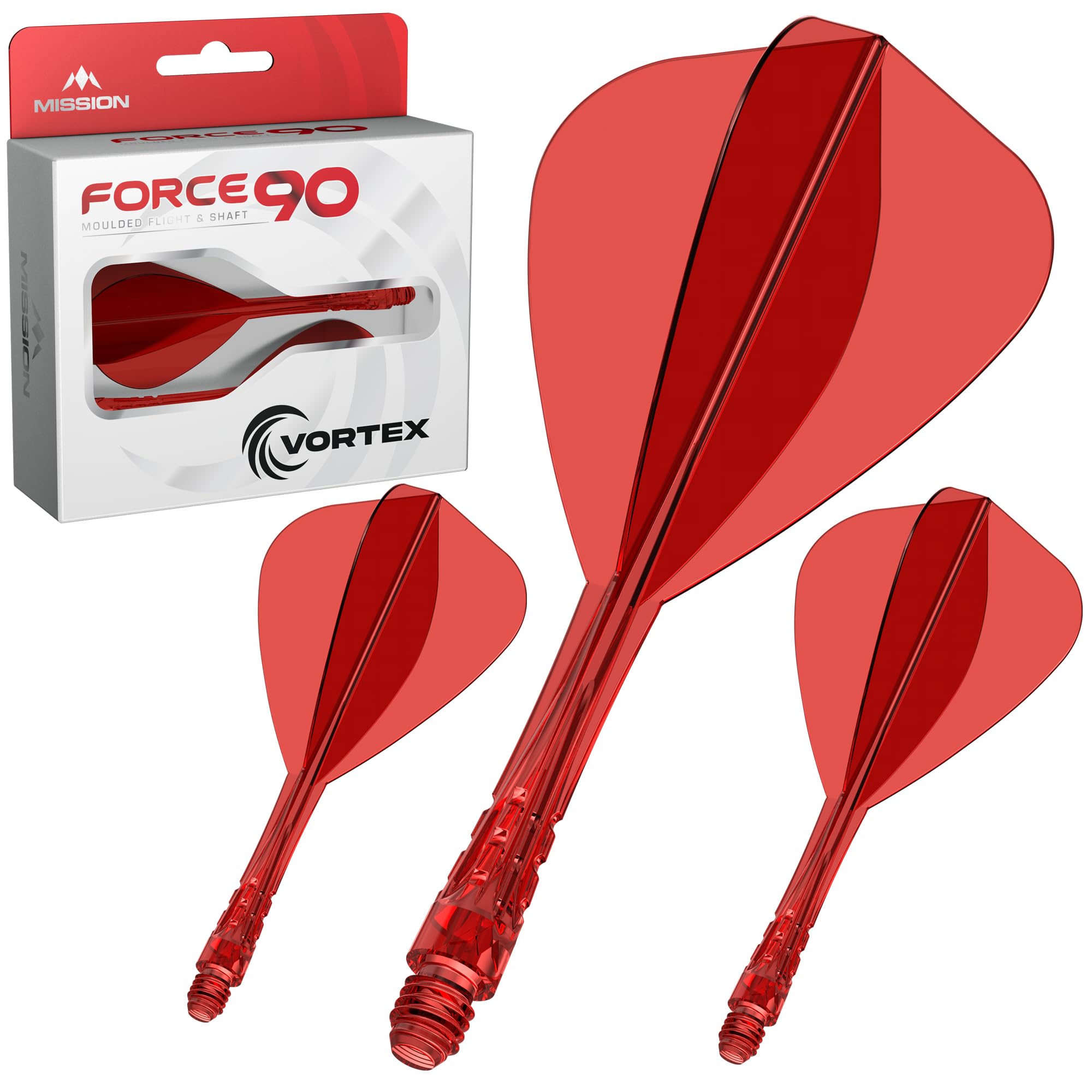Mission Darts | Force 90 Vortex | Moulded Flight & Shaft | Kite Shape | Multiple Lengths and Colours Available. (Red, Medium)
