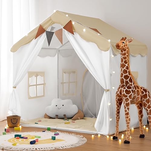 Miniatura 10 de Besrey Tienda de campaña para niños 2 en 1 con alfombrilla acolchada y luces, casa de juegos grande para niños con 2 puertas y 4 ventanas