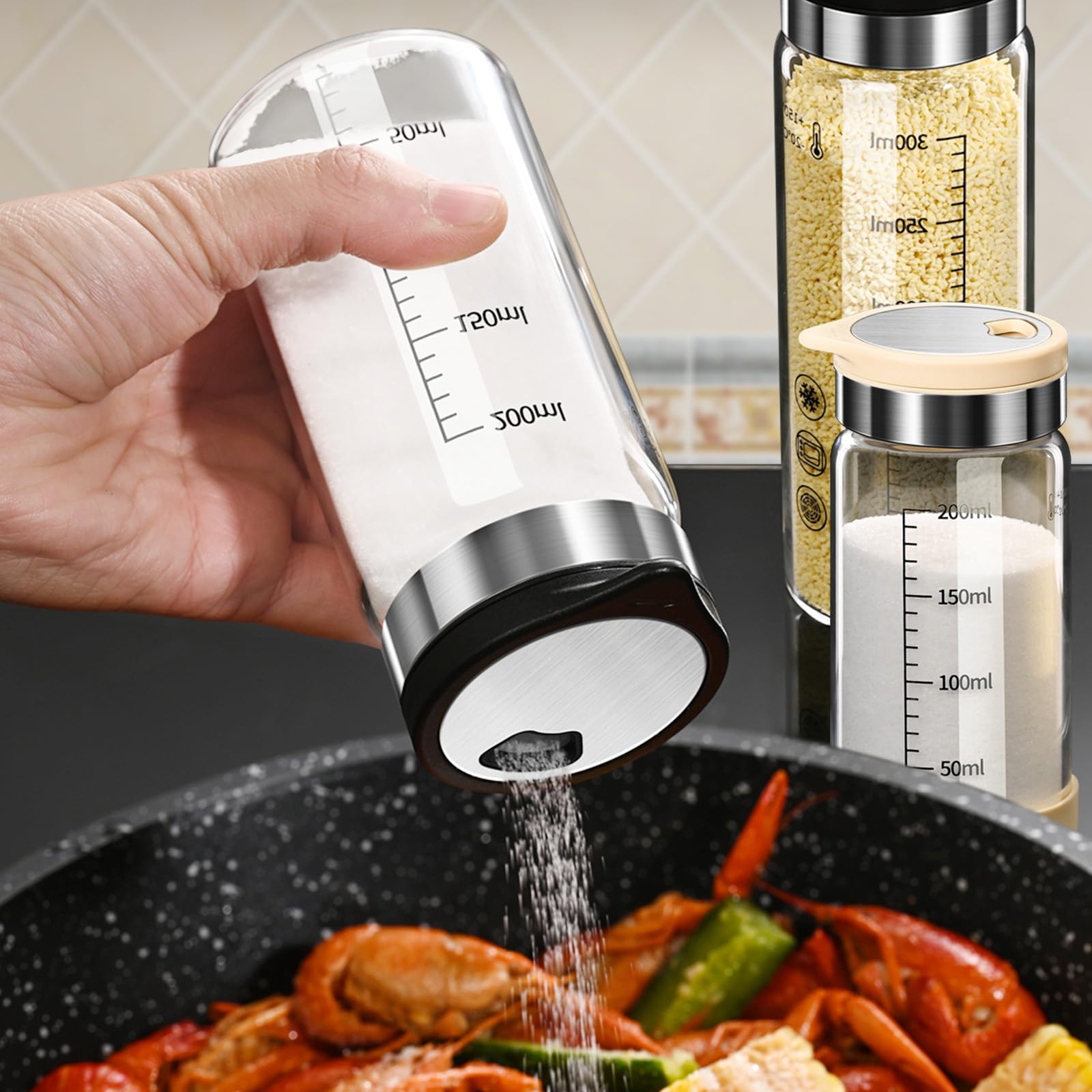 Salière et poivrière, verre borosilicaté haut avec couvercle en acier inoxydable, distributeur de sel pour cuisine (kaki, 200 ml)