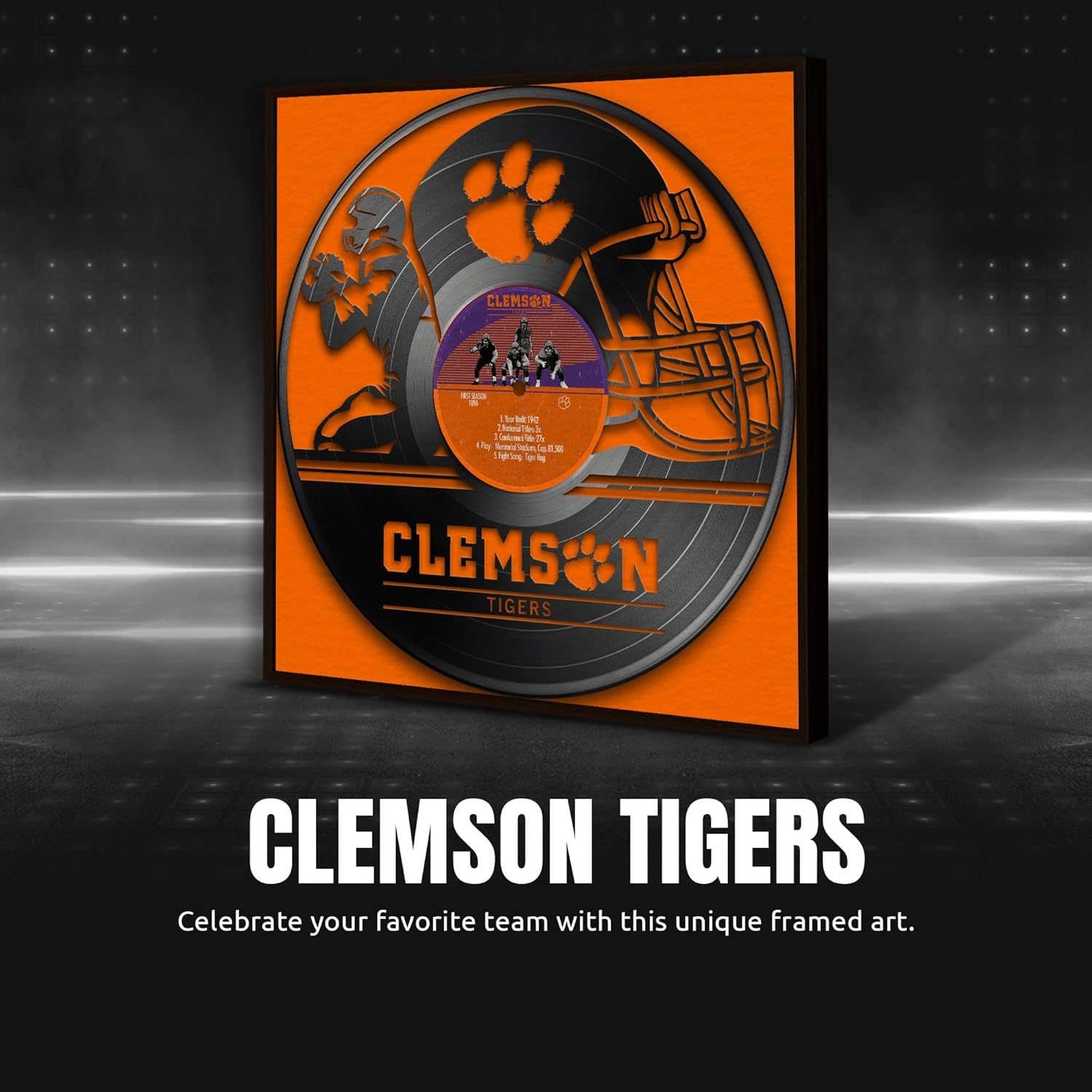 Sporticulture Football Wall Art Framed Vinyl Record Decor Print - 13X13 NCAA Football Posters For Boys Bedroom & Decorations for Man Cave - Clemson Tigers