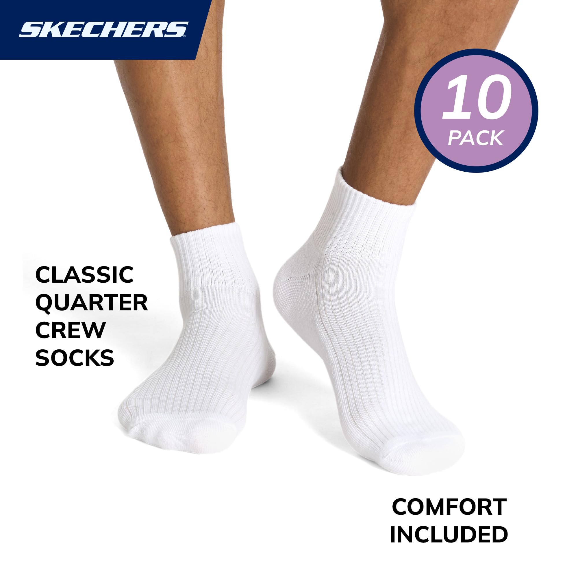Skechers Męskie 10-pak półfrotte klasyczne skarpety Quarter Crew, wygodne dopasowanie i amortyzowana wkładka, Biały/stalowy szary/ciemny dżins, 43-47 EU