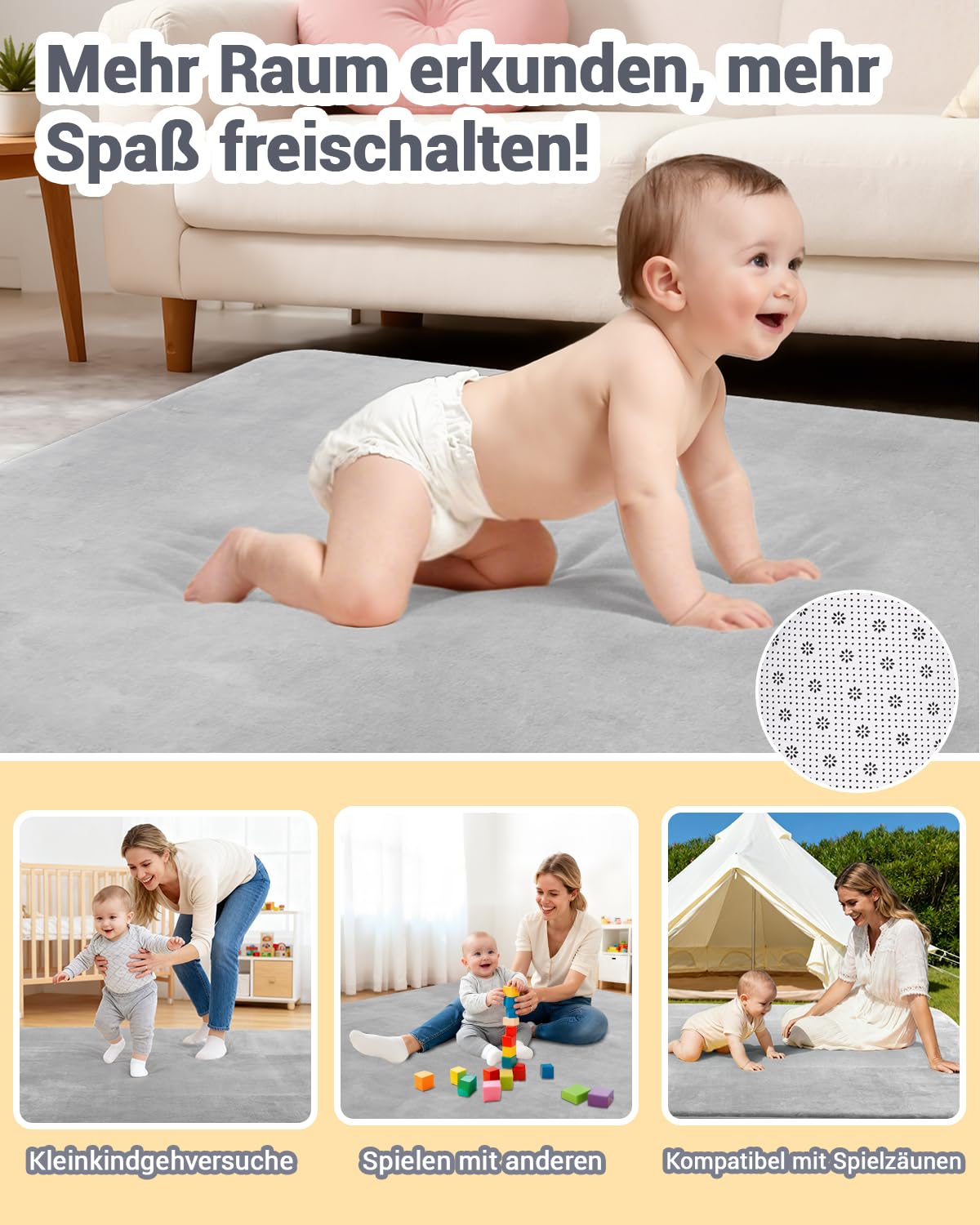 Dicke Krabbelmatte Baby 120×120×3cm,Schaumfüllung Teppich Spielmatte Baby,Rutschfester Unterseite&Weicher Kurzflor, Pflegeleicht,Teppich Kinderzimmer,Spielmatten Für Laufgitter,Grau