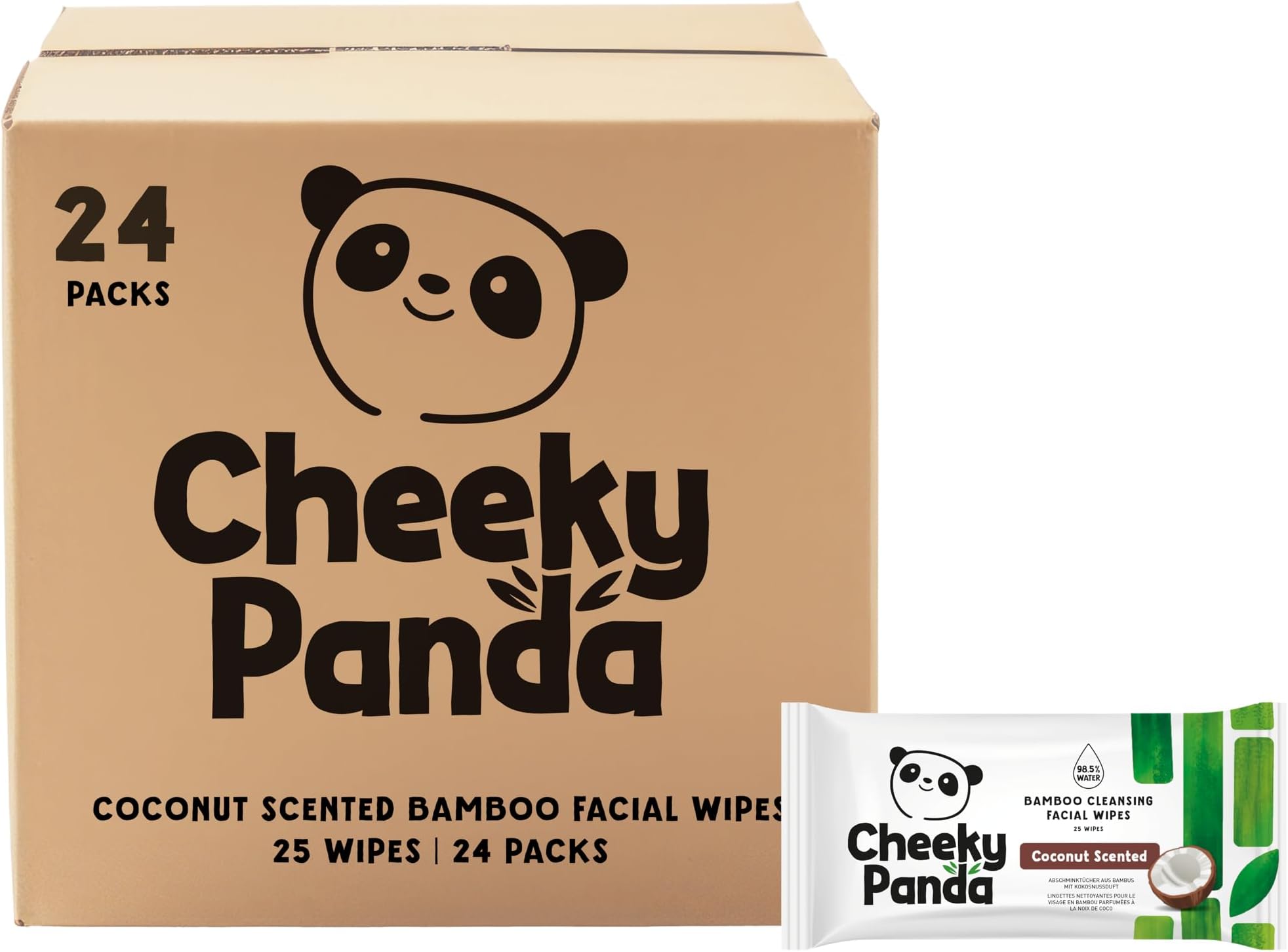 The Cheeky Panda Face Cleansing Wet Wipes Bulk Pack | 24 Packs of 25 Flushable Makeup Remover Wipes Coconut Scented | Biodegradable Facial Wipes