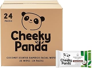 The Cheeky Panda – Facial Wipes, Coconut Scented | Bulk Box of 24 Packs (25 Wipes per Pack, 600 Wipes Total) | Make Up Remover, Hypoallergenic, Eco-Friendly, Super Soft, Kind to Skin & Sustainable
