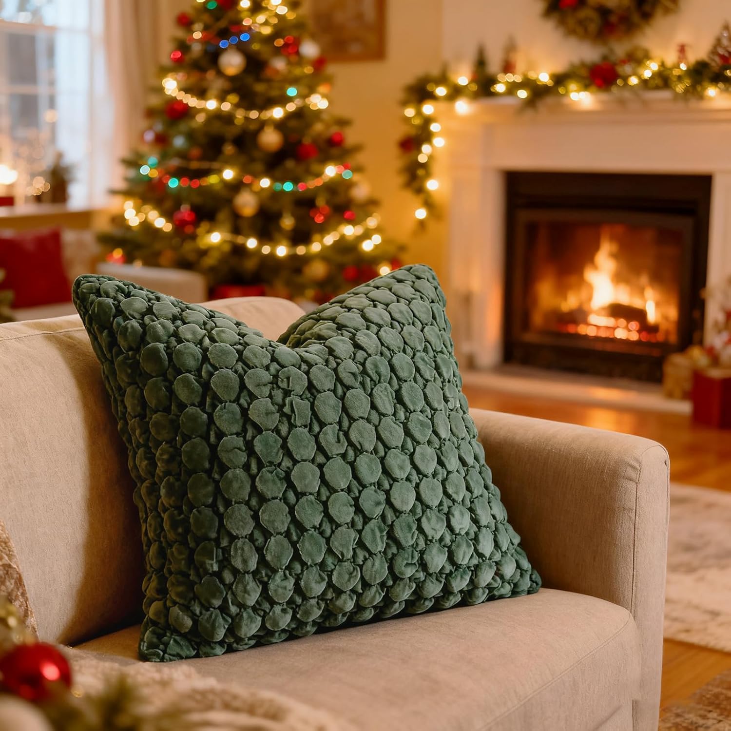 Christmas Pillow Cover 24x24 1 Piece Velvet Euro Sham Decorative Farmhouse Pillowcase Boho Square Cushion Covers Soft Bubble Texture for Couch Sofa Bed Bedroom Car Living Room,Green