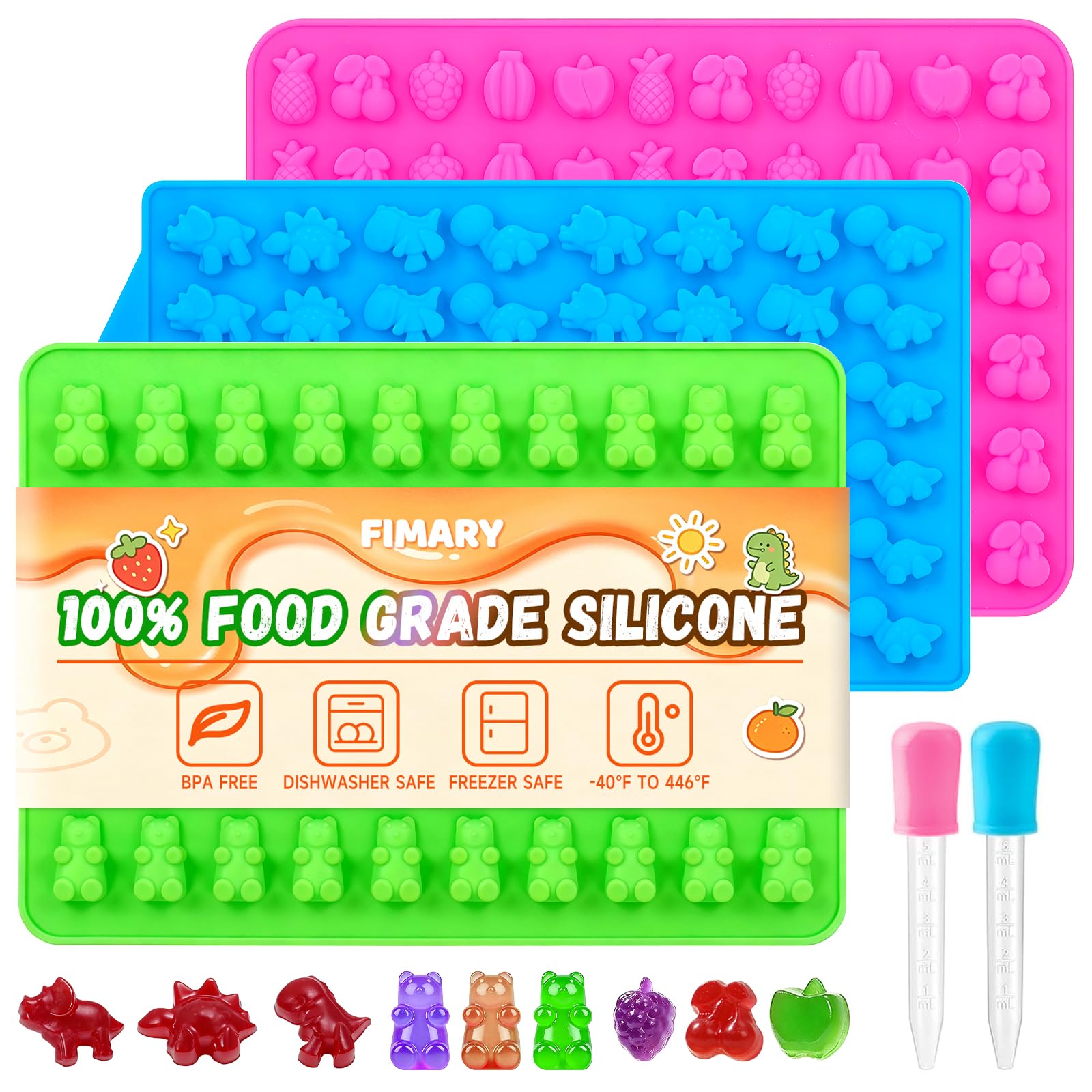 Gummy Candy Chocolate Molds - Silicone Mini Gummy Bear/Dinosaur/Fruit Snack Molds with 2pcs Dropper, Non-stick for Candy Chocolate Gummies Baking