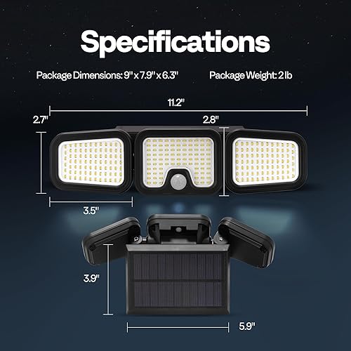 Miniatura 9 de VIVOHOME Luces solares para exteriores, 256 luces LED con sensor de movimiento, 3 cabezales ajustables, IP65 impermeable, ángulo de iluminación