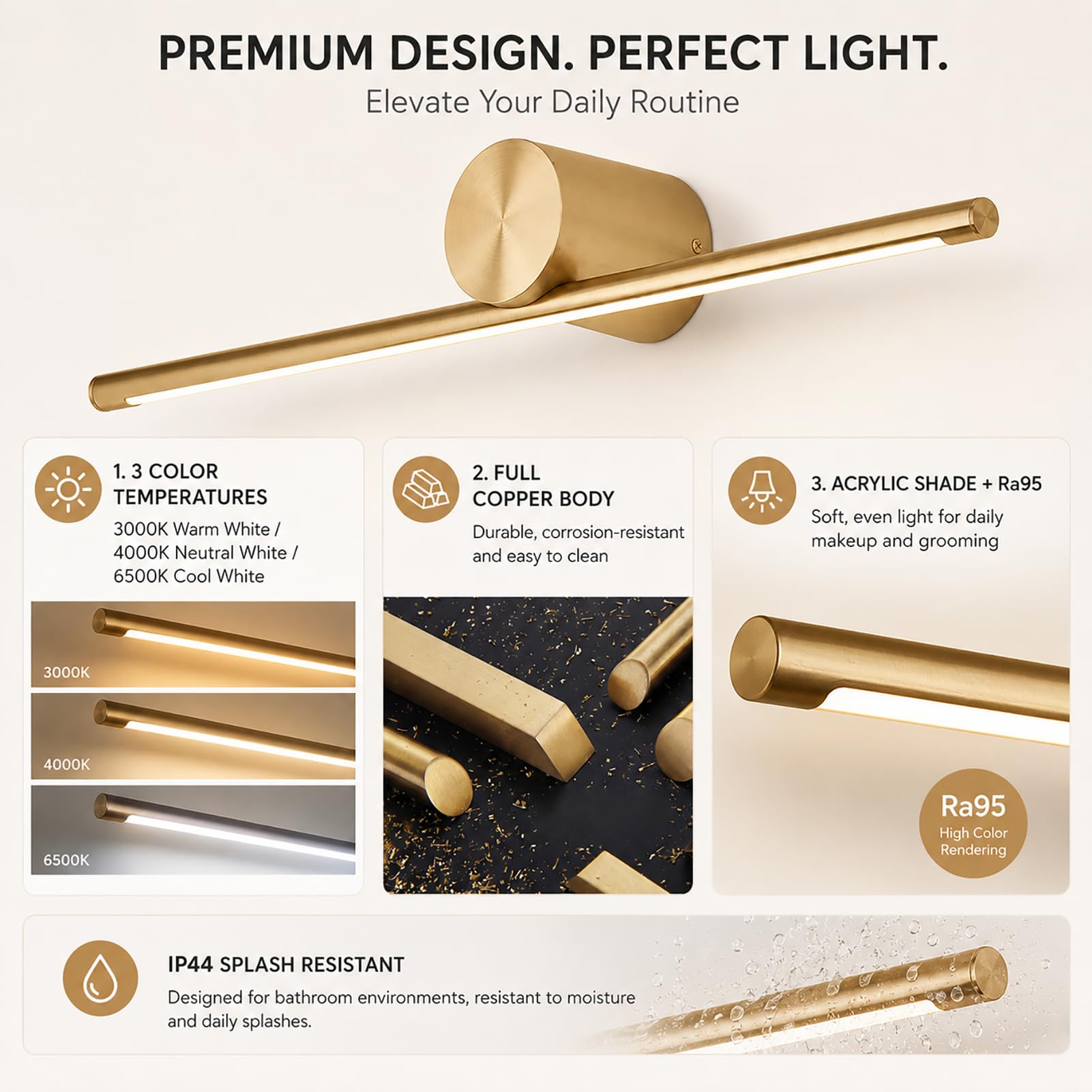 Modern LED Spiegelleuchte Vintage Badlampe, Metall Spiegelleuchte für Badezimmer, IP44 Wasserdicht, 3000K-6500K, Acrylschirm, Spiegellampe über Spiegel für Schminktisch