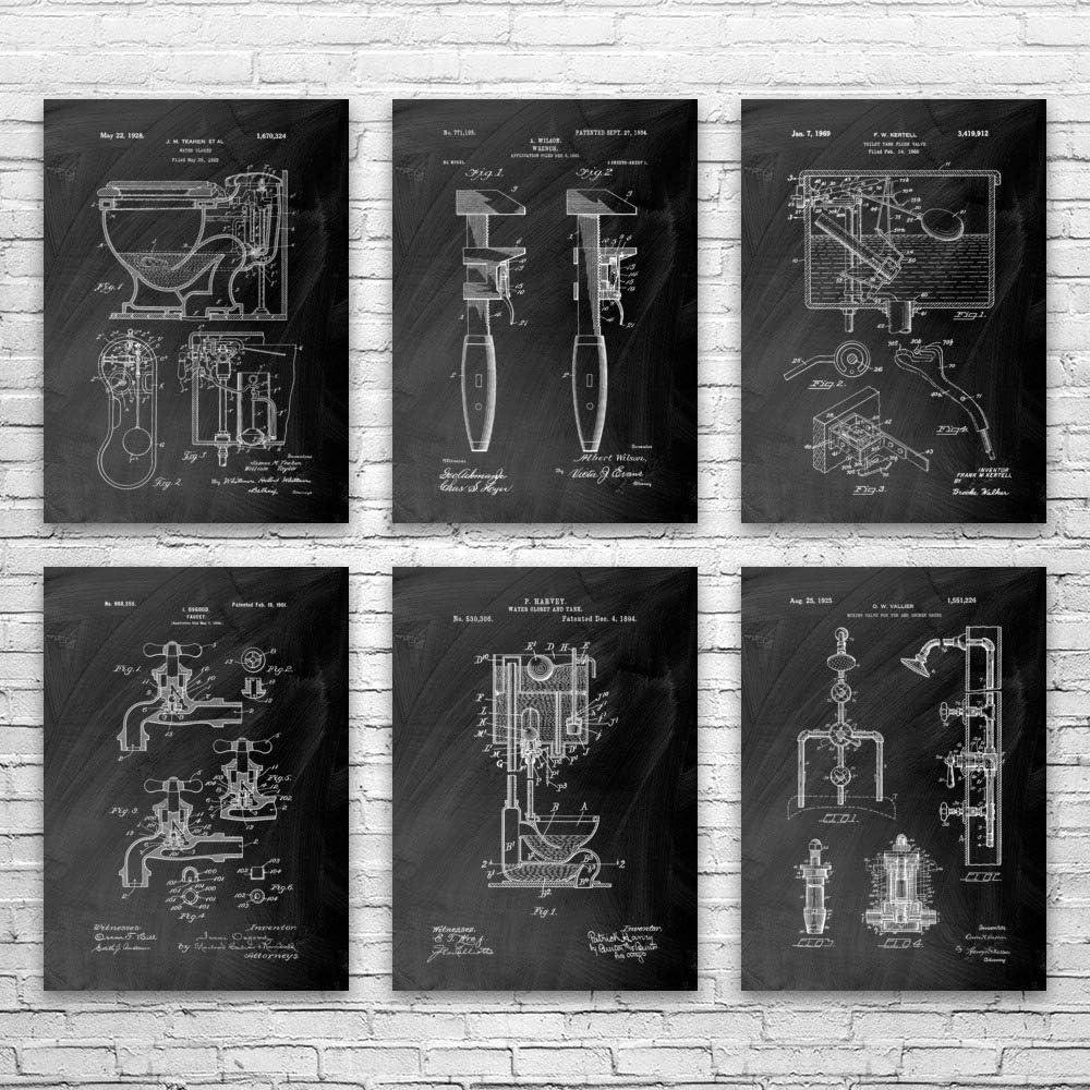 Plumbing Patent Posters Set of 6 (12x16), Contractor Gift, Restroom Wall Art, Toilet Blueprint, Handyman Gift, Bathroom Decor Black Chalkboard