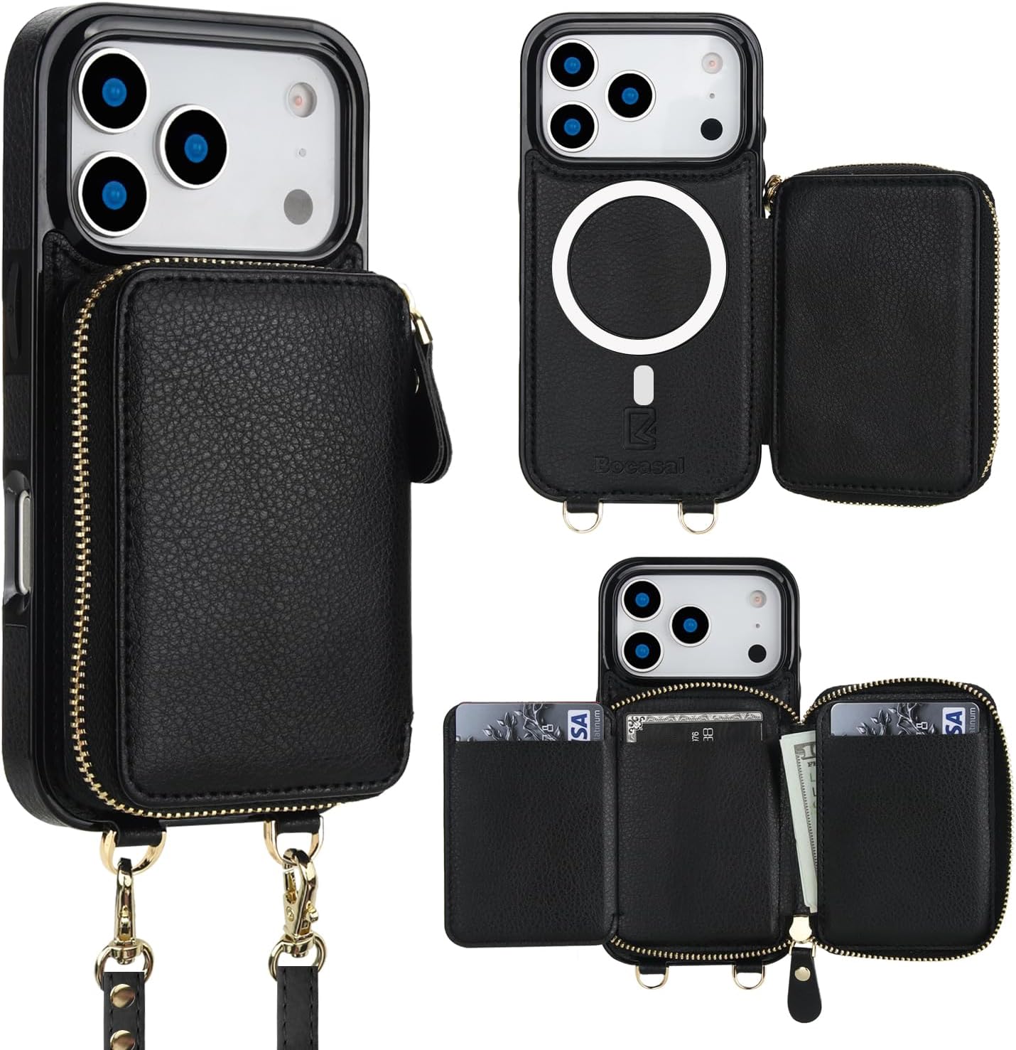 Bocasal for MagSafe Crossbody Wallet Case Compatible with iPhone 17 Pro, RFID Blocking Protective Purse Case with Card Slots Holder Kickstand Wrist Strap Lanyard Zipper 6.3 Inch 5G (Black)