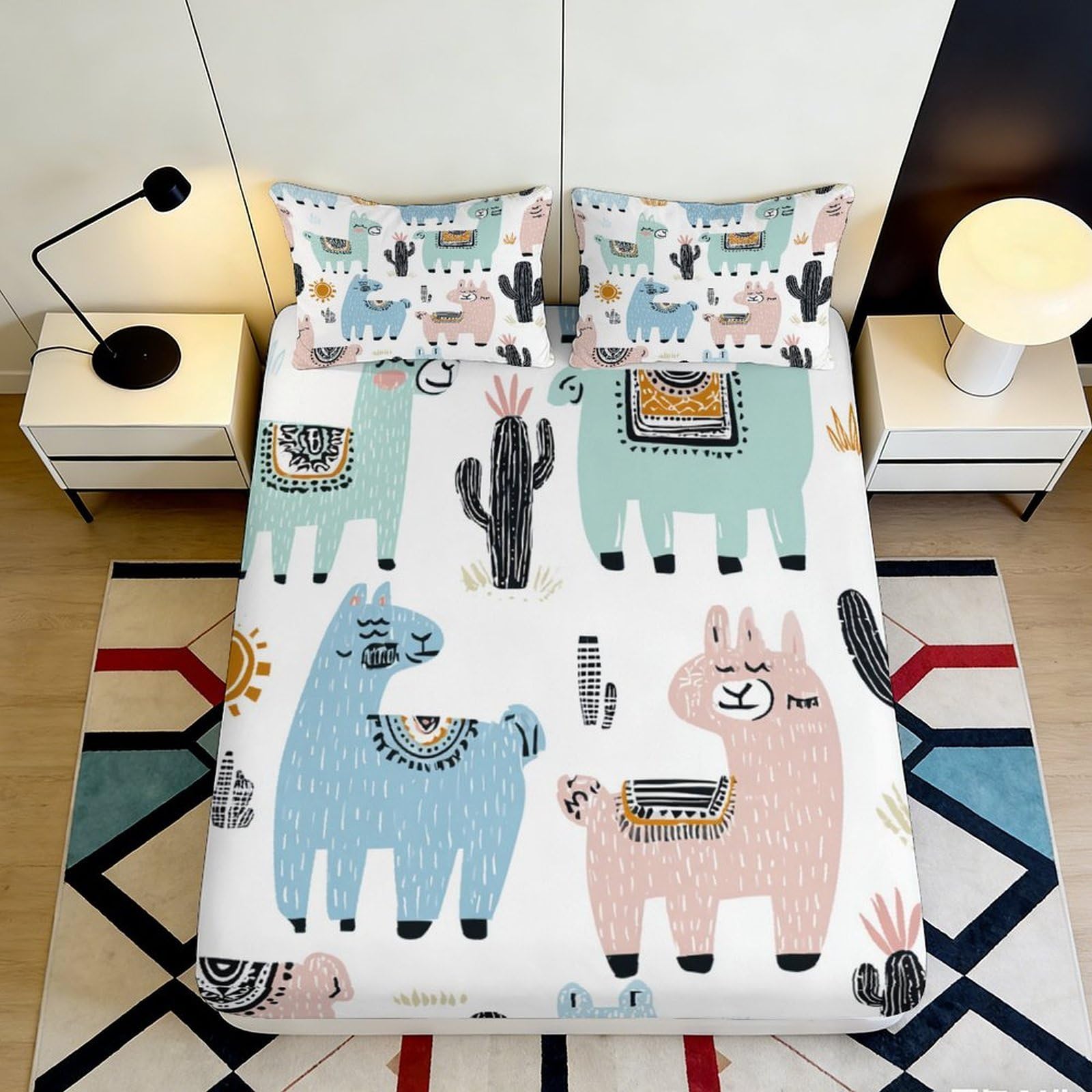 3D Printed Llama Cactus Fitted Sheet Microfiber Soft Breathable Alpaca Bed Cover for Bedroom Dorm Mattress Protection Decor 120x200x25cm