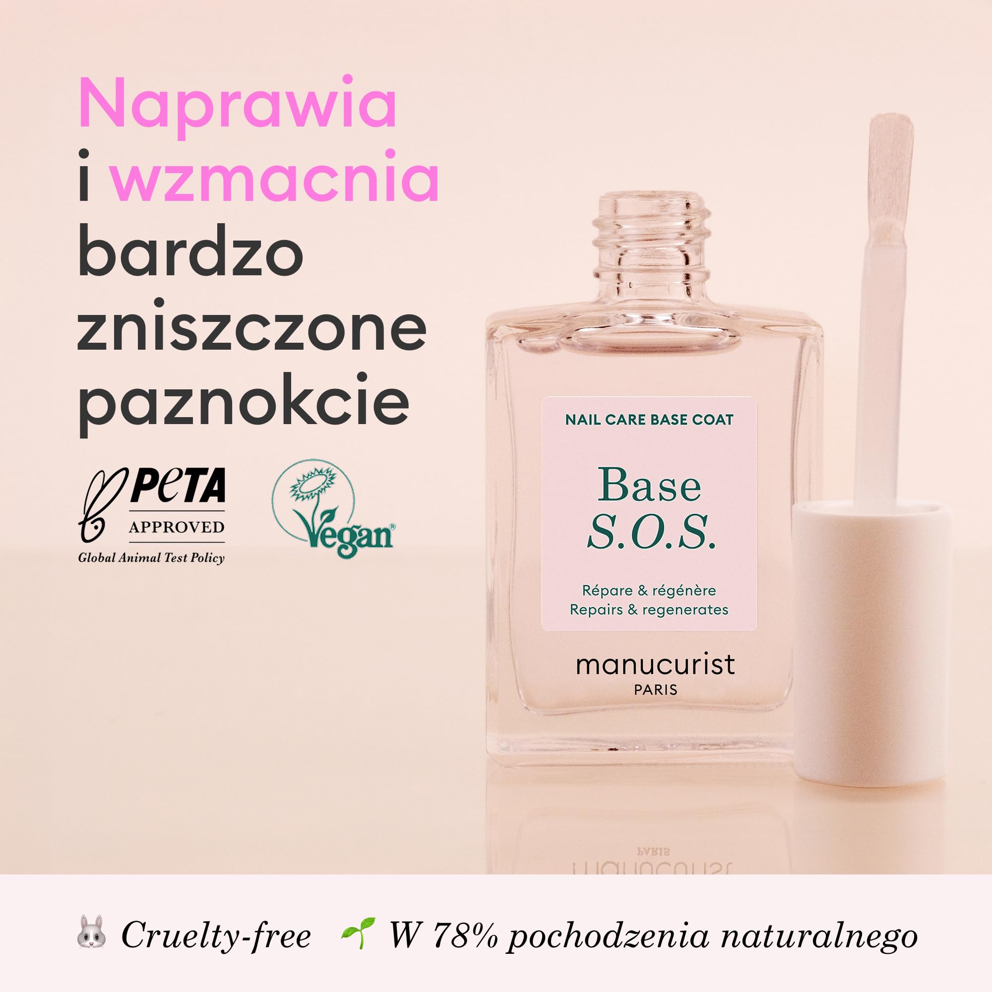 Manucurist - Baza S.O.S. łamliwe i zniszczone paznokcie - wzmacniające paznokcie, naprawia i wzmacnia - Utwardzający lakier do paznokci o bardzo zniszczonych - wegańskich i bio-pozyskiwanych w 78%