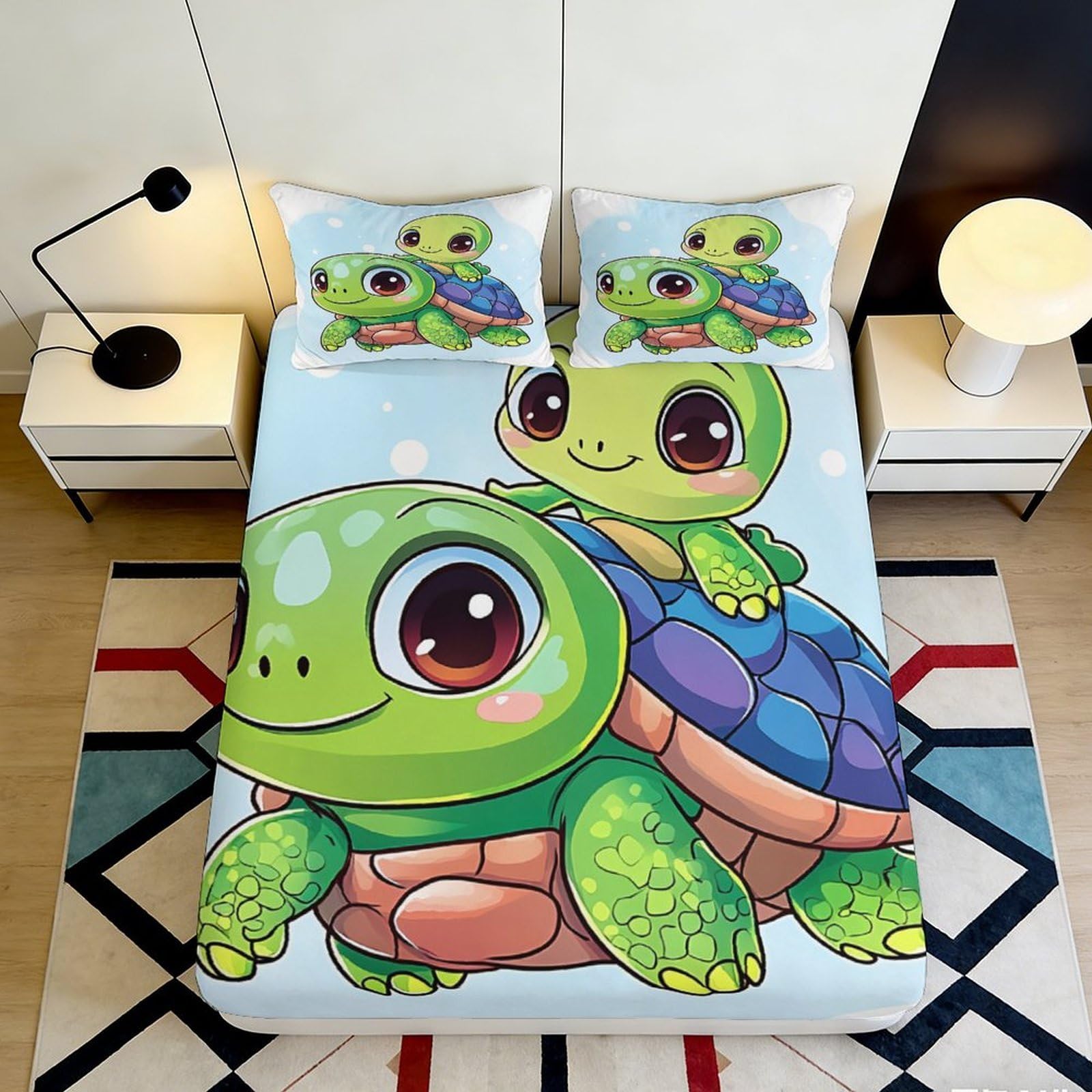 3D Printed Cute Turtle Fitted Sheet Microfiber Deep Pocket Non-Slip Bedroom Bedding Turtle Mattress Fitted Cover for Adults Teens 140x200x25cm