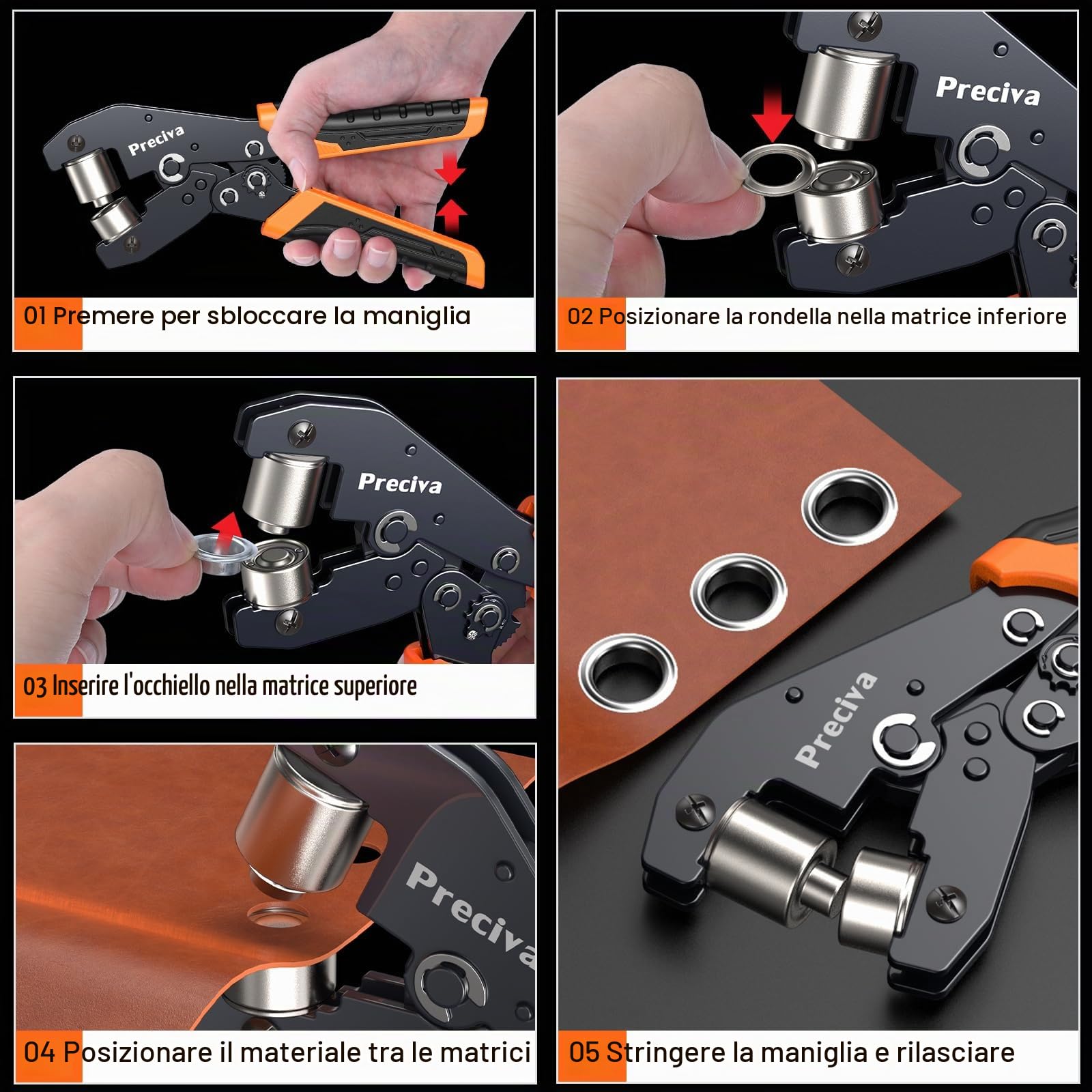 Occhielli per Teloni Professionali,Preciva Occhiellatrice con 300 Pezzi Occhiello (Ø interno 12mm), per Teloni Multifunzione per Pelle Telone Cartone PVC Tessuto e tende da sole etc.