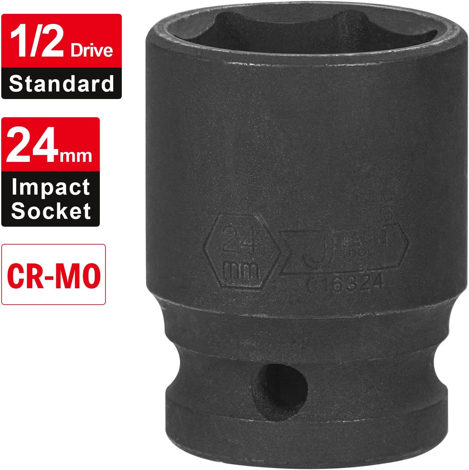 Jetech 1/2 Inch Drive 24mm Standard Impact Socket, Chrome Molybdenum Alloy Steel, 6-Point Design, Metric