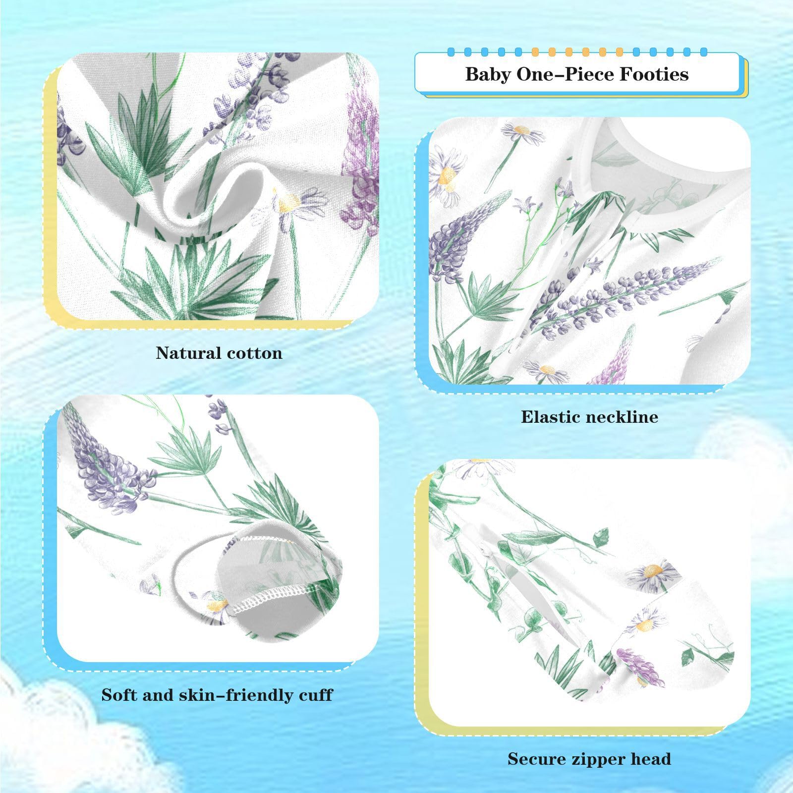 Lupins Daisies Lavender Baby One-Piece Footies Newborn Rompers Pajamas Cotton Footed Pjs for Sleep Play Boys Girls 18 Month