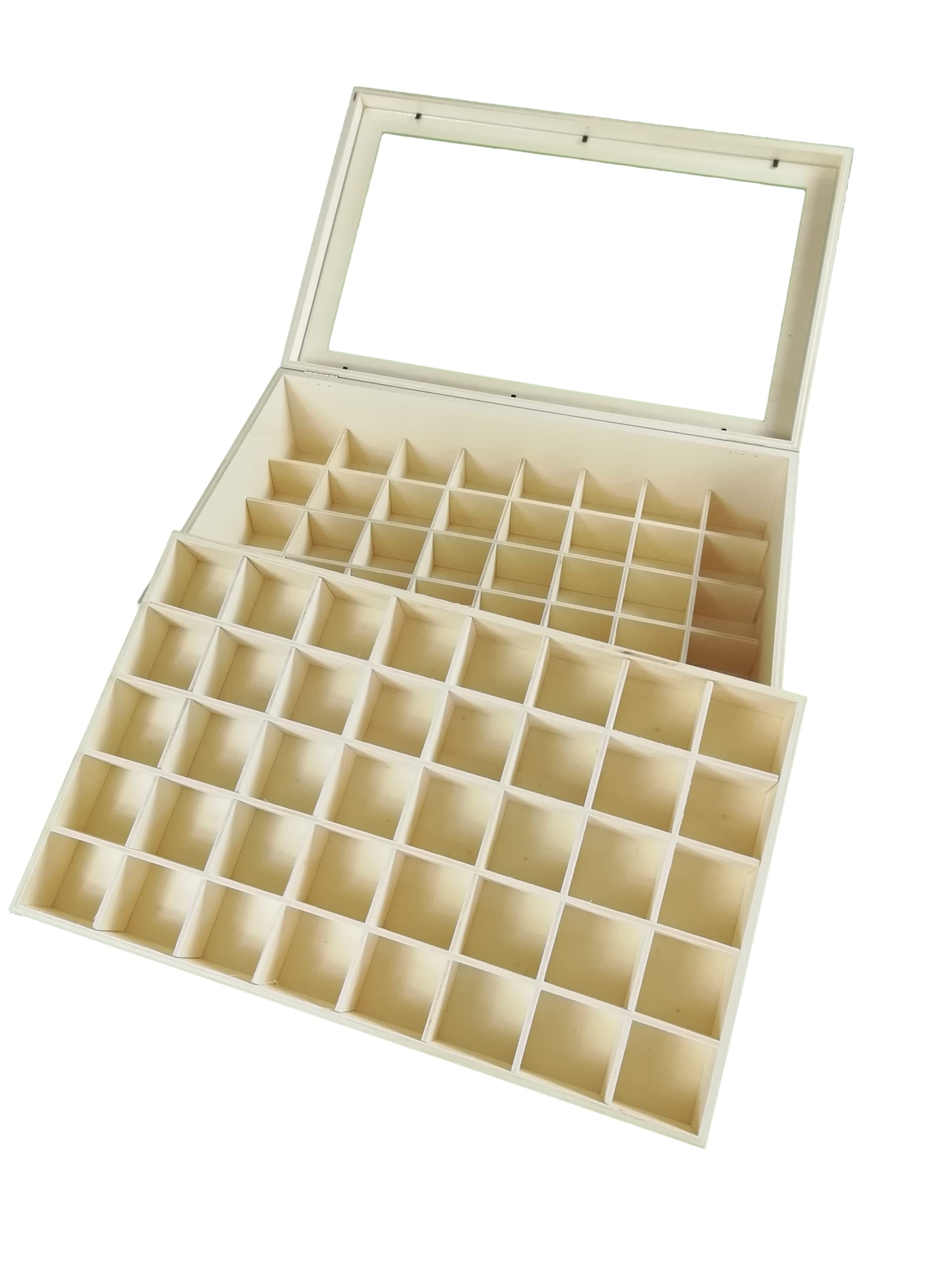 GRECA Caja colecciones. Con doble piso. En madera de chopo. Interior con departamentos para colecciones (2 bandejas). En crudo. Medidas: 45 * 28 * 11 cms.