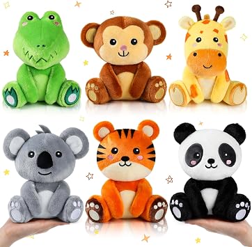 RoundFunny 6 Pcs Small Stuffed Plush Safari Animals Bulk 7 Inch Jungle Animals Stuffed Toys Plush Panda Crocodile Monkey Giraffe Tiger Elephant for Baby Shower Safari Jungle Themed Party Student Award