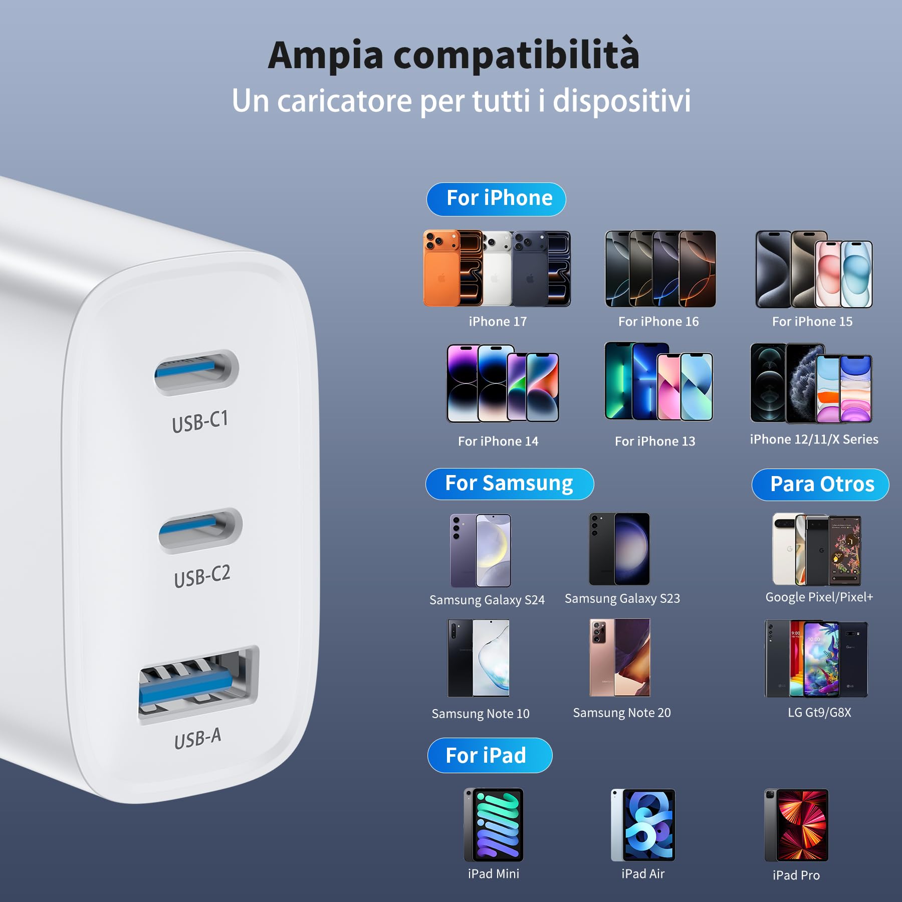 Ładowarka USB C 40 W 3-portowa ładowarka USBC typu c szybkie ładowanie multiple charger dla iPhone 16 15 14 13 12 11 Pro MAX XR XS 8 7, iPad, Samsung, tablet
