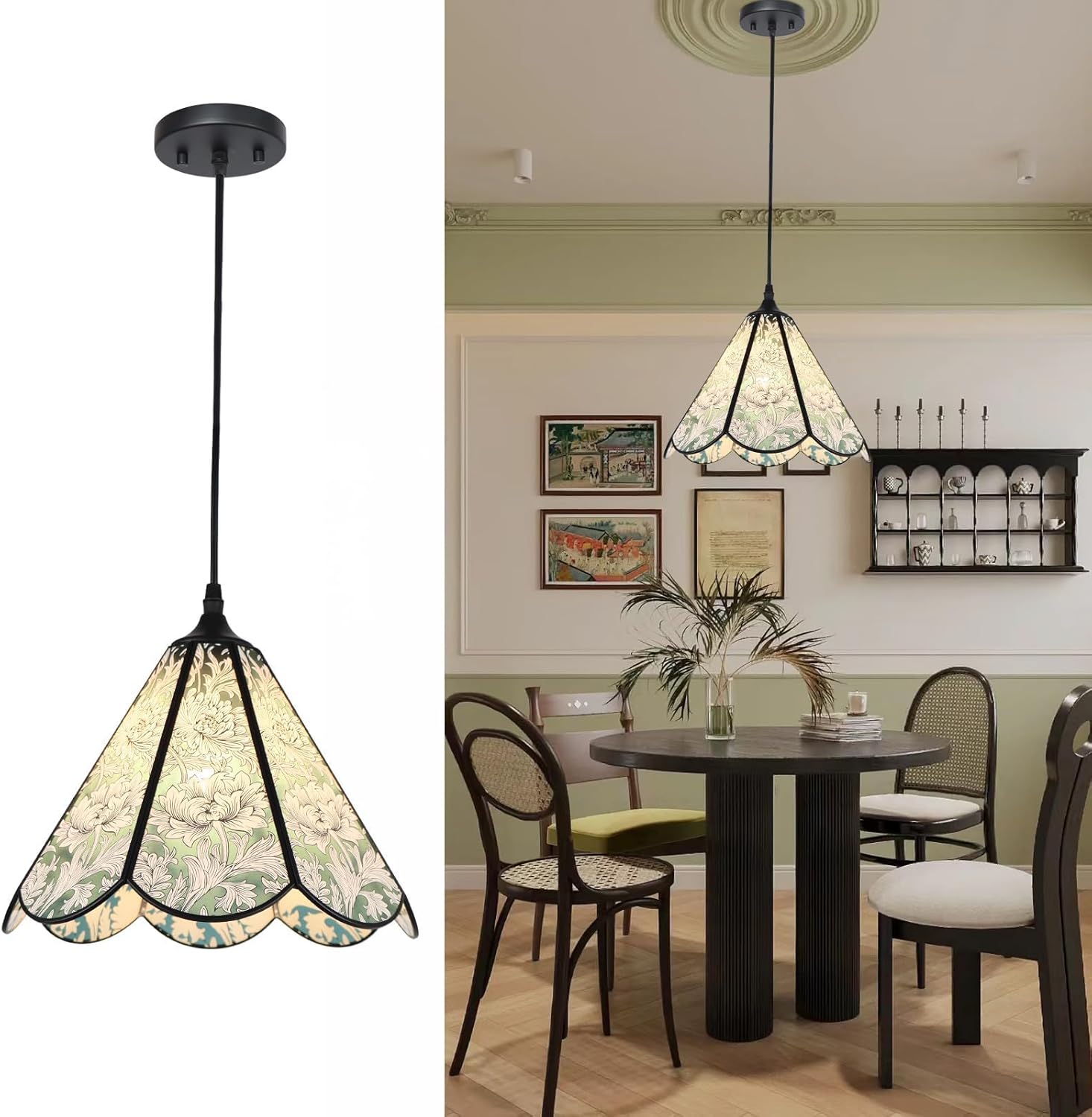 Floral Handcrafted Glass Pendant Light Fixture, Tiffany Pendant Light with Artisanal Applique, Perfect for Dining Tables and Kitchen Islands Black