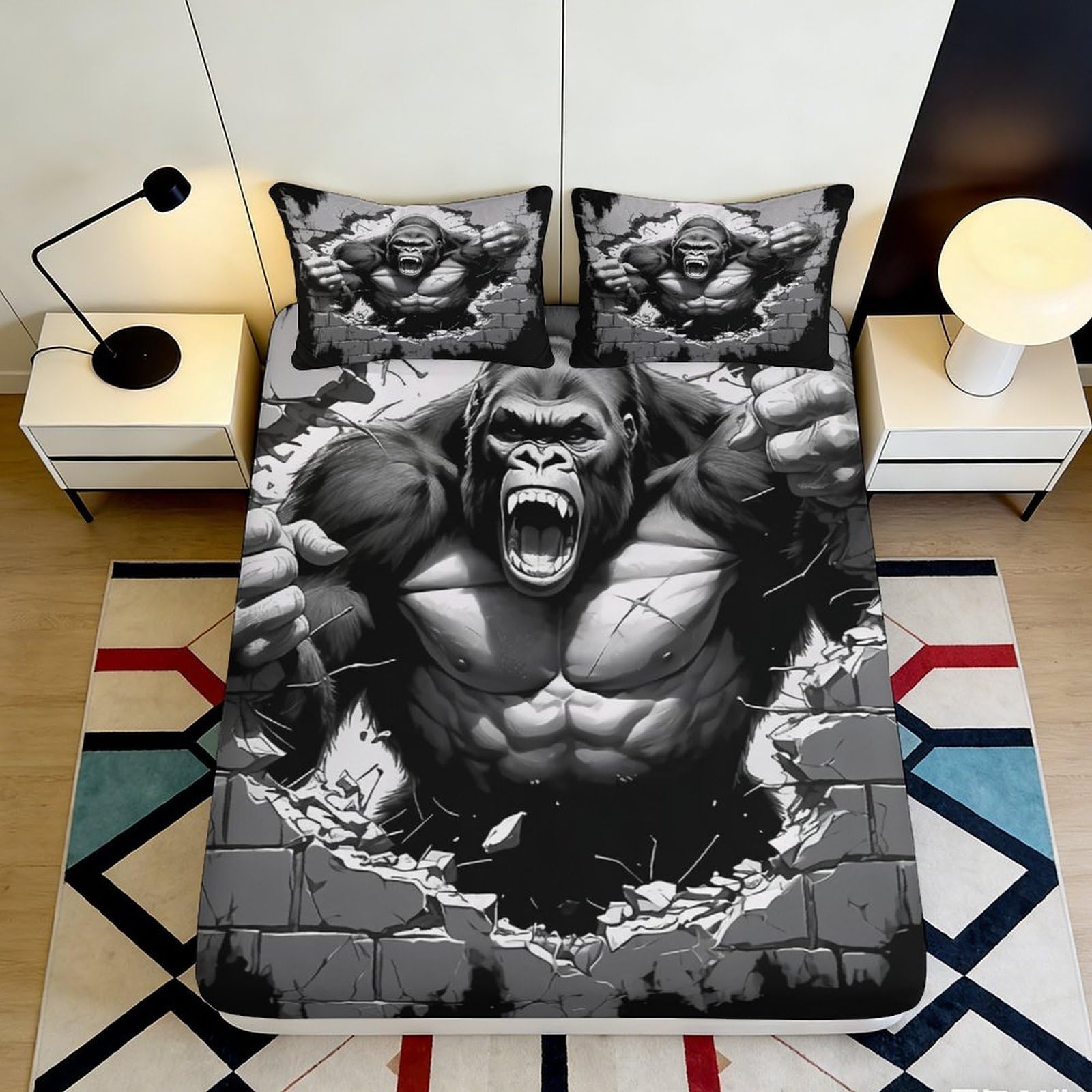 3D Printed gorilla Fitted Sheet, bold wall breaker design, Microfiber soft touch, wrinkle resistant, home bedroom, apartment bedding, easy care, anti-slip, UK size 200x200x25cm
