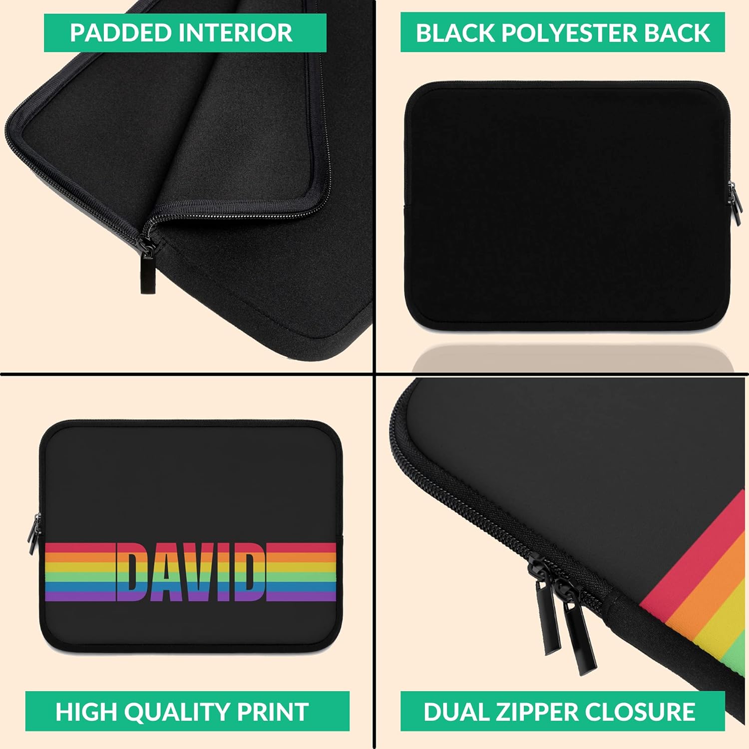 Custom Name LGBTQ Pride Rainbow Laptop Sleeve Designed for MacBook Pro/Air & iPad Tablets, 7, 10, 13, 15, 17 Inch, Personalized HP, Lenovo, Acer, Asus, Dell, Notebook Computer Bag Case
