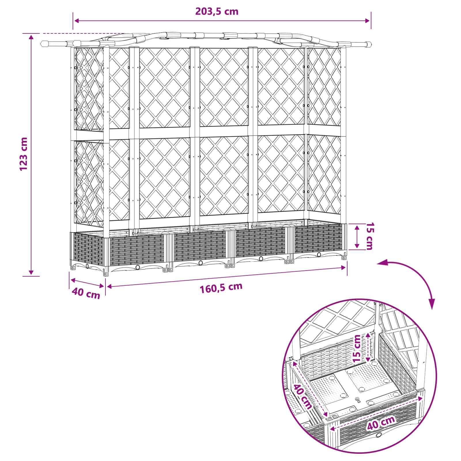 Podwyższone łóżko Polipropylen Szary 203,5 x 40 x 125 cm | Z kratą i dachem, zintegrowany drenaż, do pnącza, patio lub balkonu