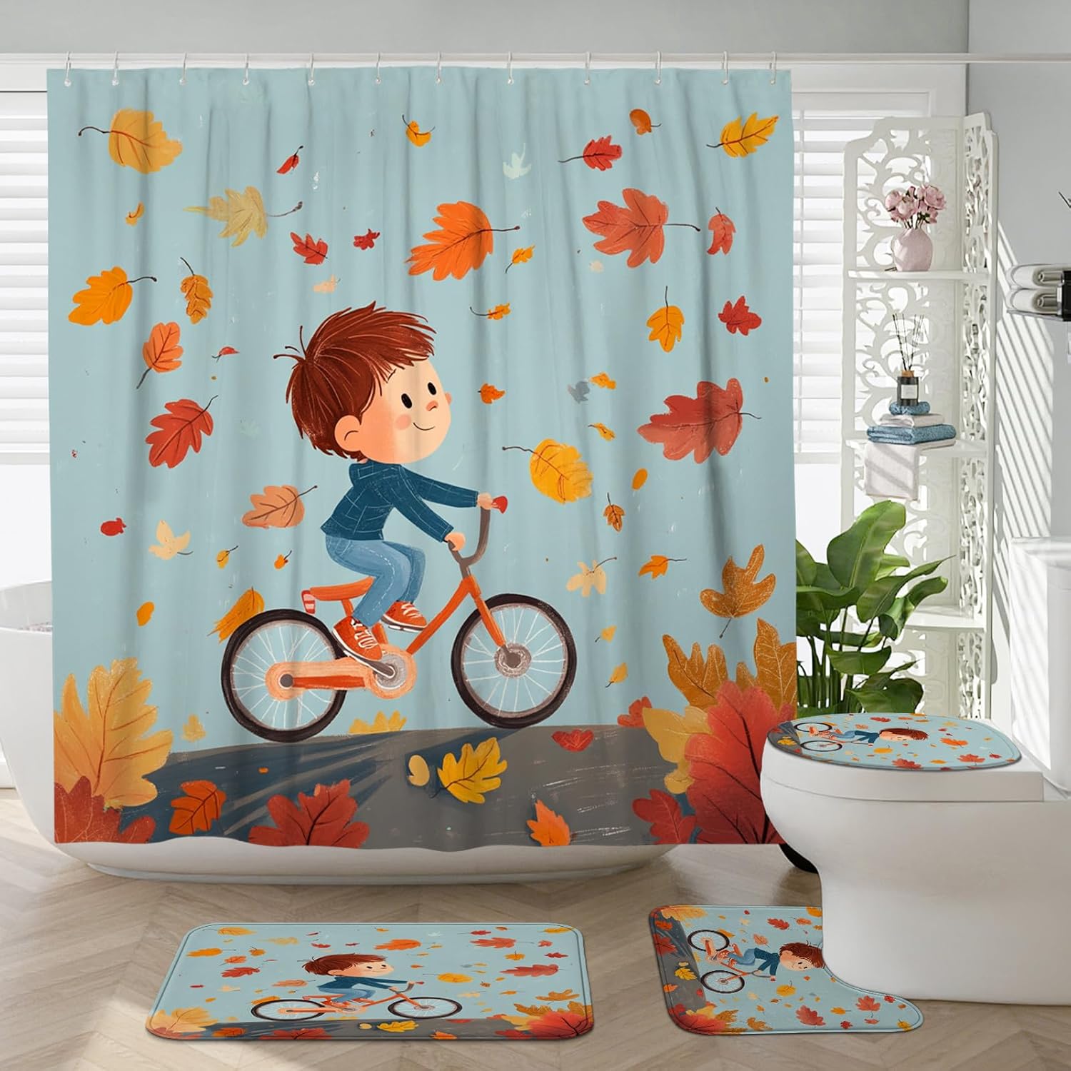 4PCS Fun Kid Fall Bicycle Bathroom Accessory Sets with Non-Slip Rug, U Shape and Toilet Lid Cover Mat, Autumn Cartoon Maple Leaf Bick Bathroom Decorative-72''x72''