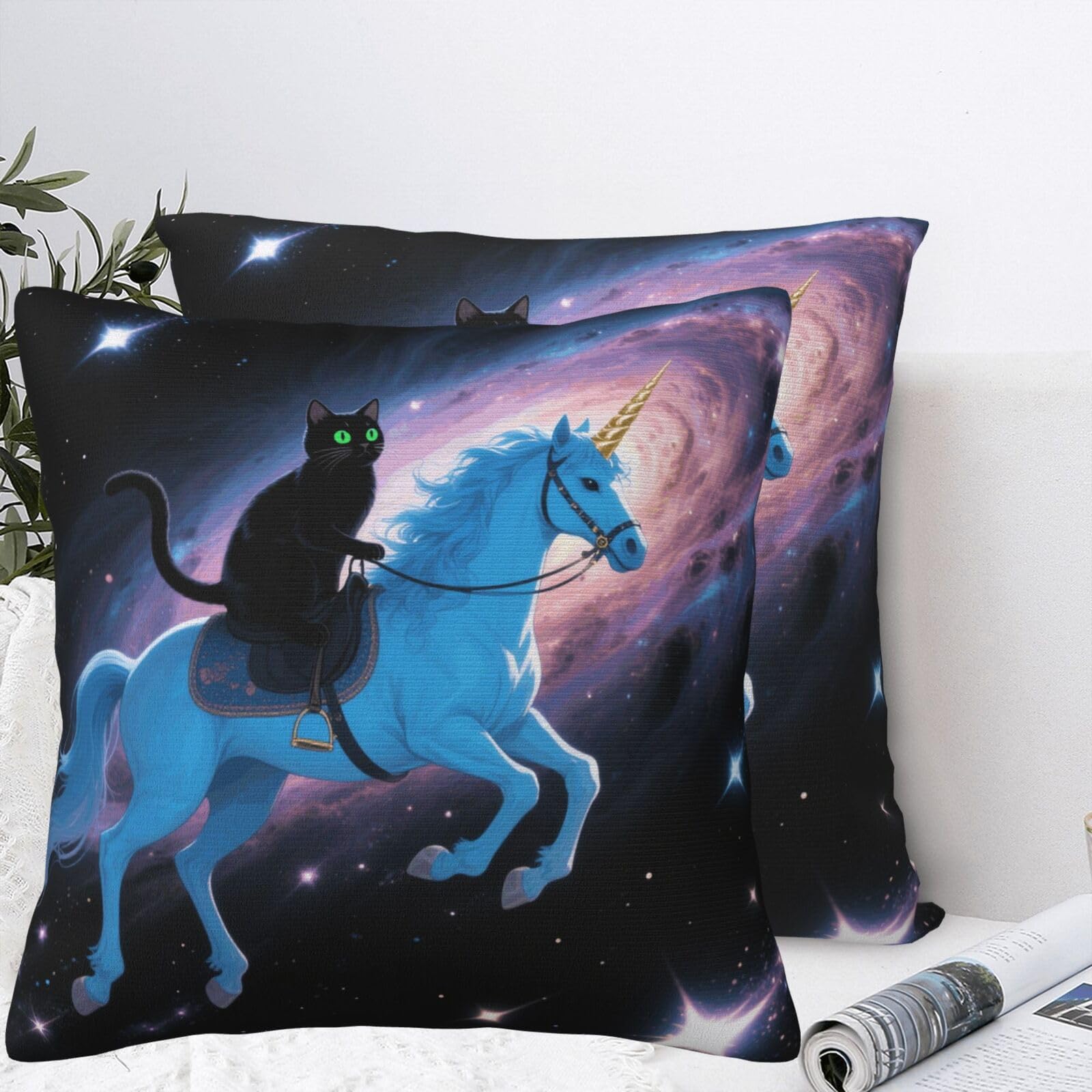 LMNGH Black Cat Riding Horse Plush Throw Pillow Covers 16"X16",Soft Cozy Couch Cushion Covers Decorative Pillow Cases for Holiday Home Bedroom Sofa Decors