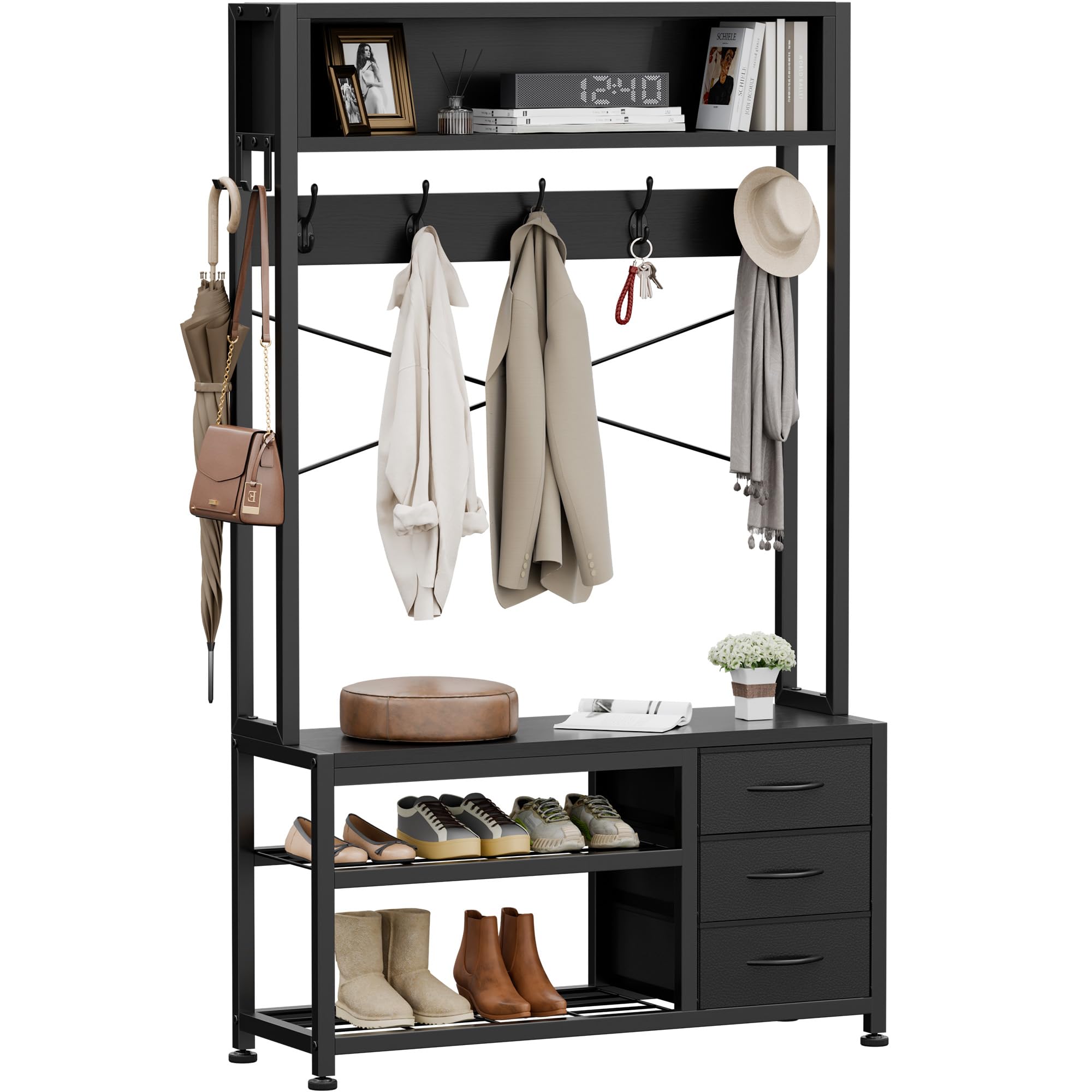 Lulive Hall Tree with Bench and Shoe Storage, 31.5" Coat Rack Freestanding with 2-Tier Storage Shelf, 6-in-1 Entryway Bench Coat Rack with 12 Hooks